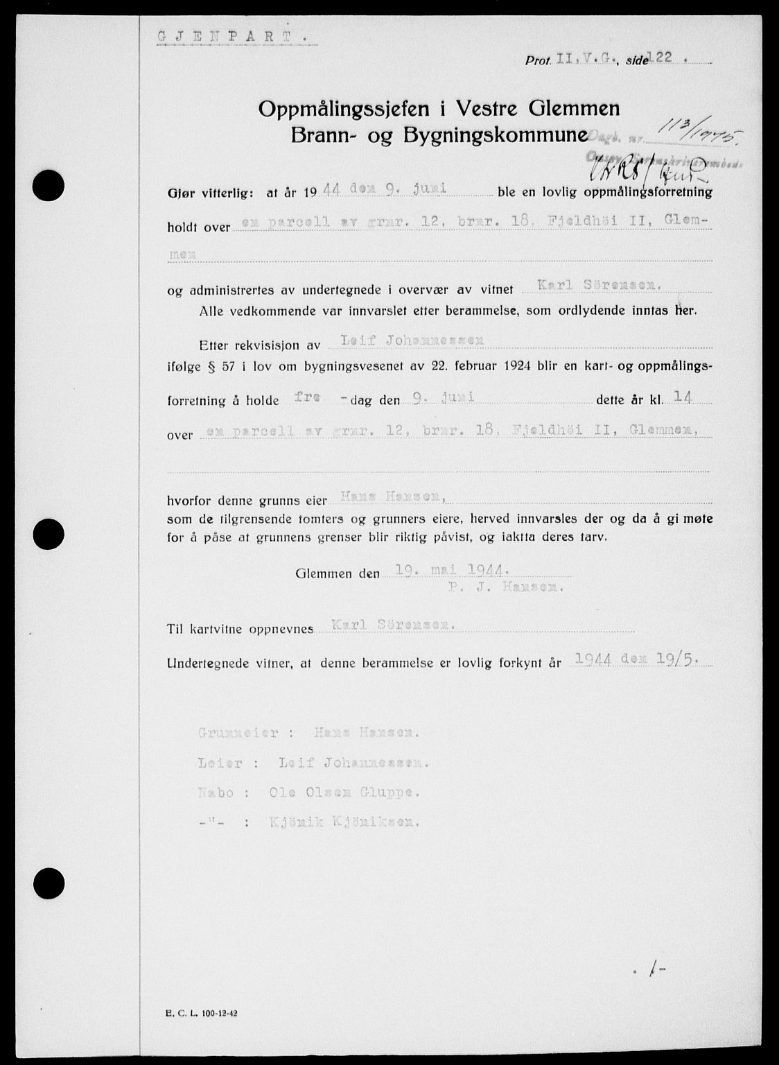 Onsøy sorenskriveri, SAO/A-10474/G/Ga/Gab/L0014: Pantebok nr. II A-14, 1944-1945, Dagboknr: 113/1945