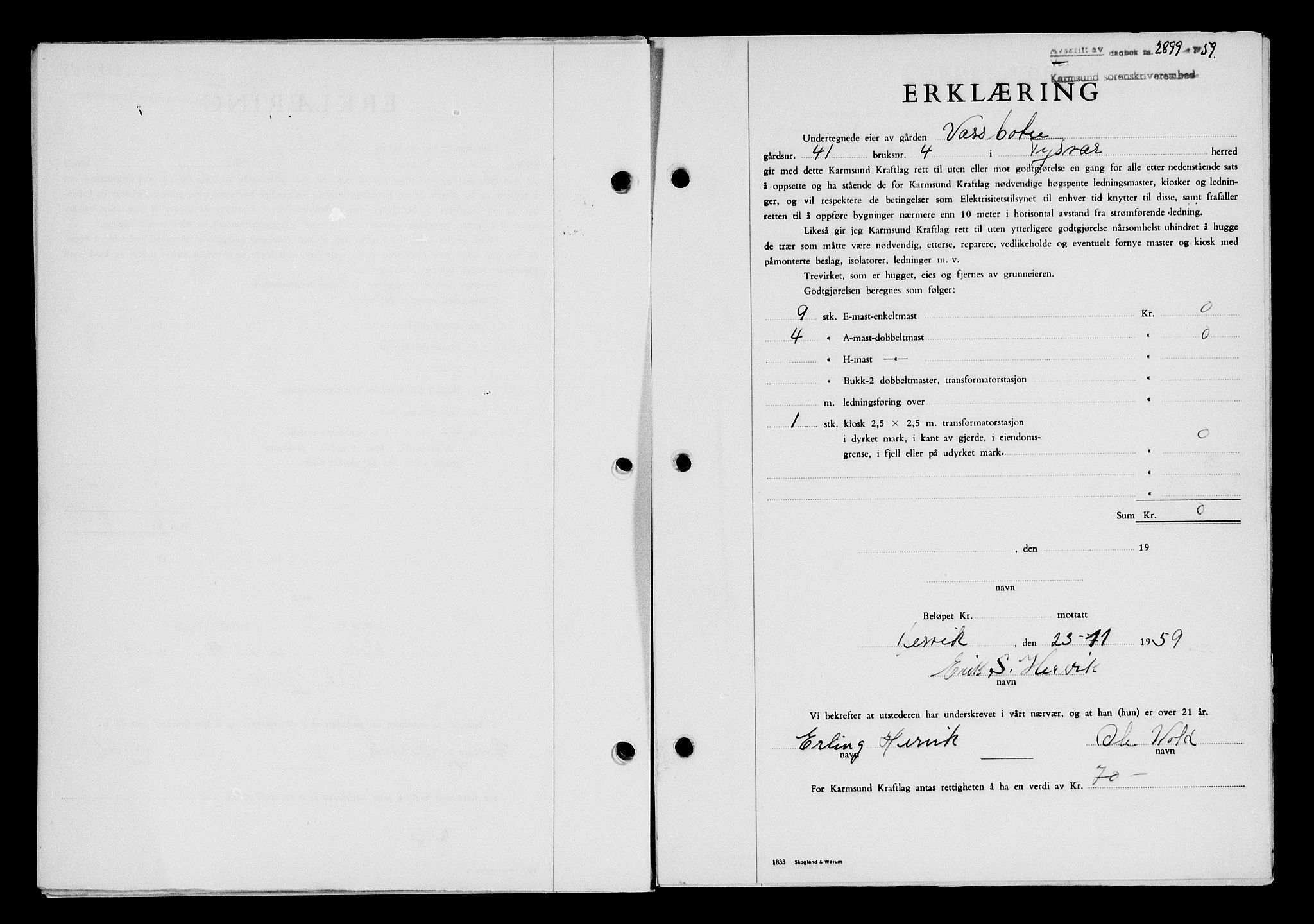 Karmsund sorenskriveri, SAST/A-100311/01/II/IIB/L0132: Pantebok nr. 112A, 1959-1959, Dagboknr: 2899/1959