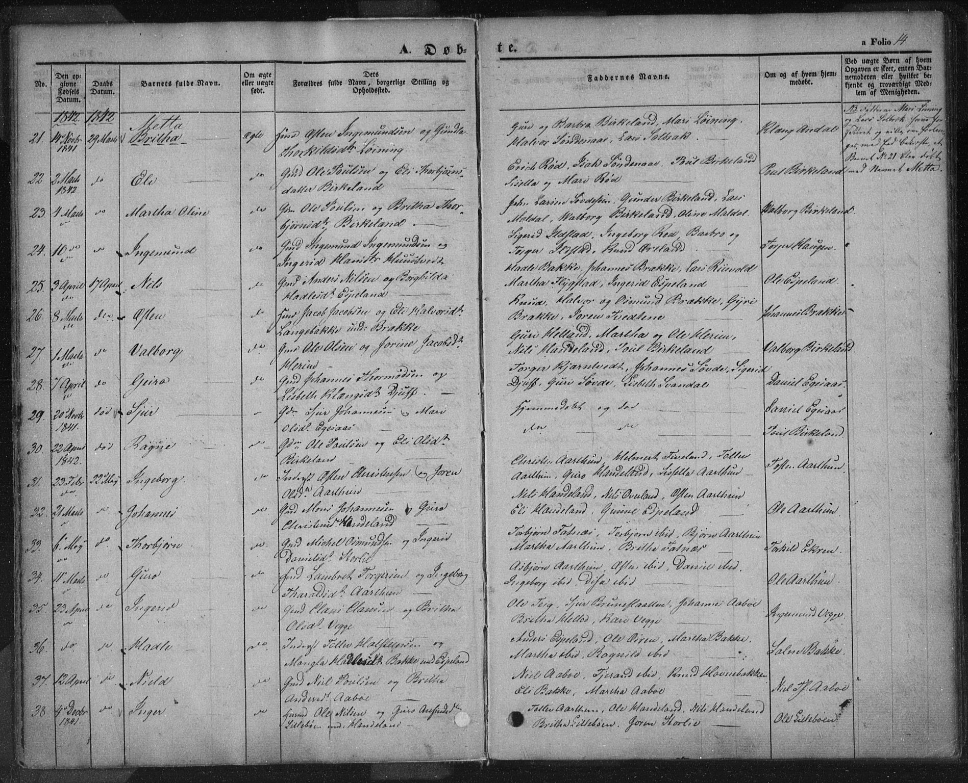 Sand sokneprestkontor, AV/SAST-A-101848/01/III/L0002: Ministerialbok nr. A 2, 1838-1859, s. 14