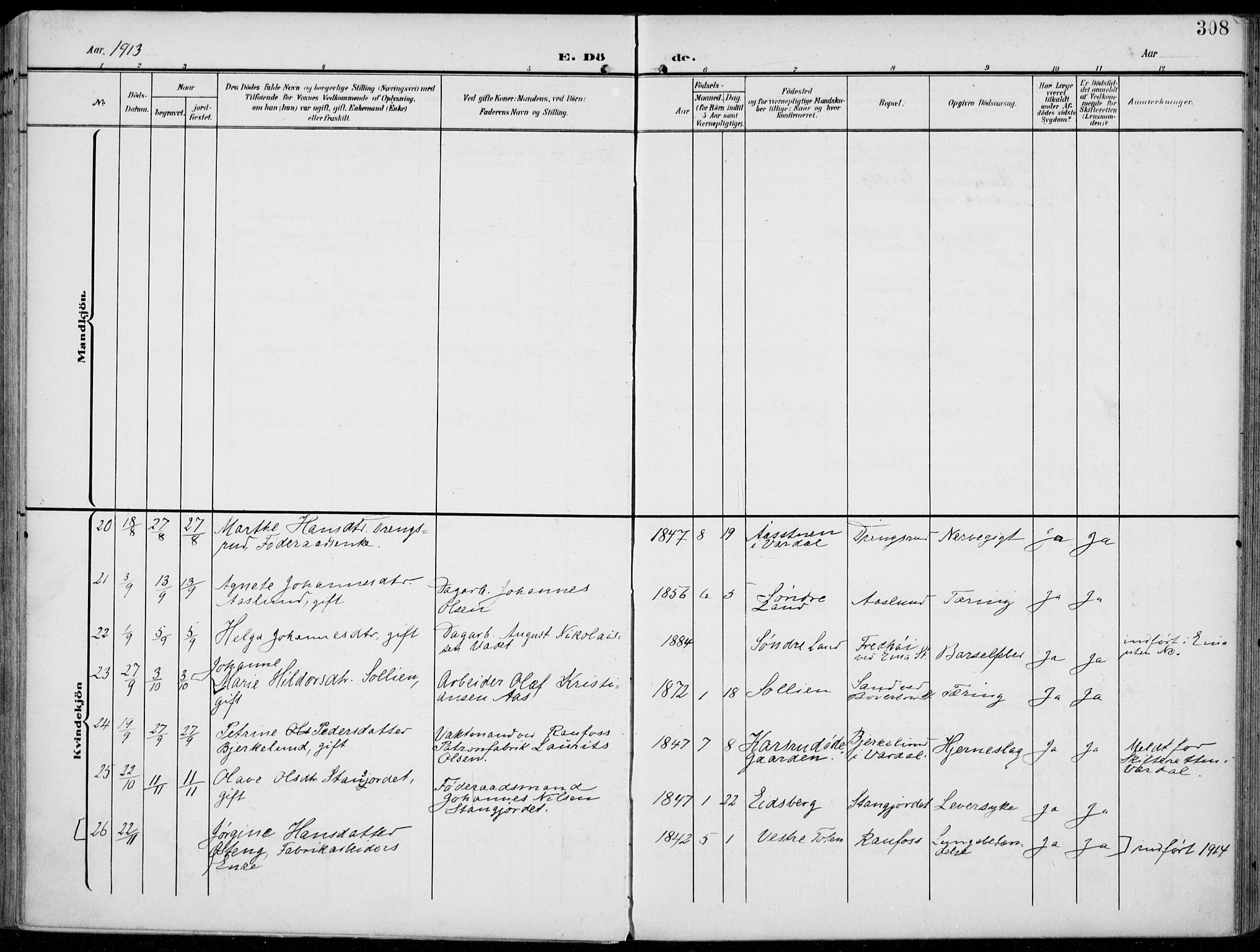 Vestre Toten prestekontor, SAH/PREST-108/H/Ha/Haa/L0014: Ministerialbok nr. 14, 1907-1920, s. 308