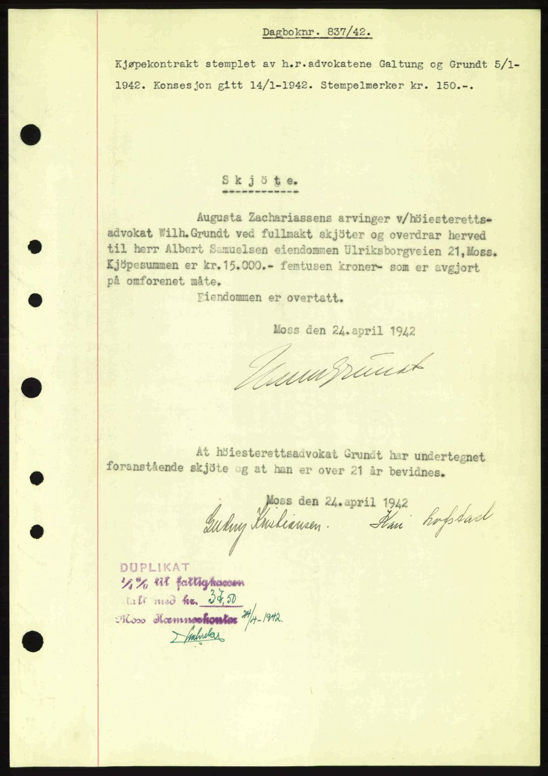 Moss sorenskriveri, SAO/A-10168: Pantebok nr. A9, 1941-1942, Dagboknr: 837/1942
