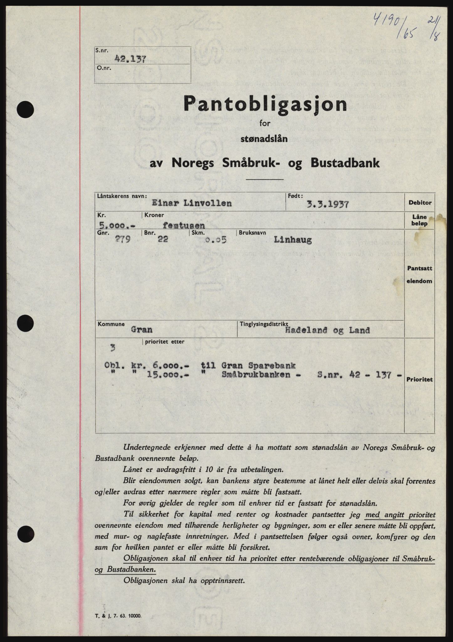 Hadeland og Land tingrett, SAH/TING-010/H/Hb/Hbc/L0060: Pantebok nr. B60, 1965-1965, Dagboknr: 4190/1965