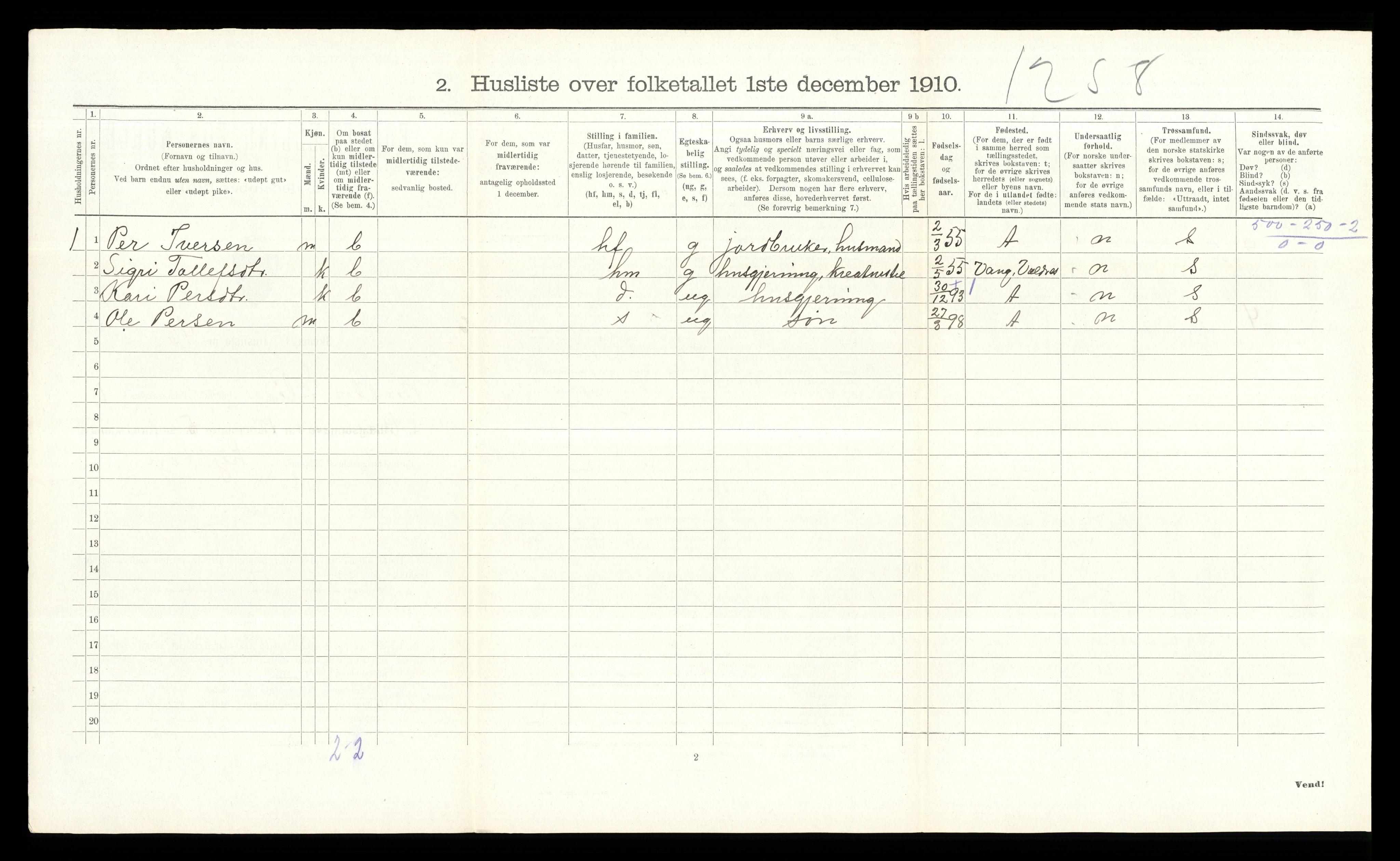 RA, Folketelling 1910 for 0543 Vestre Slidre herred, 1910, s. 136