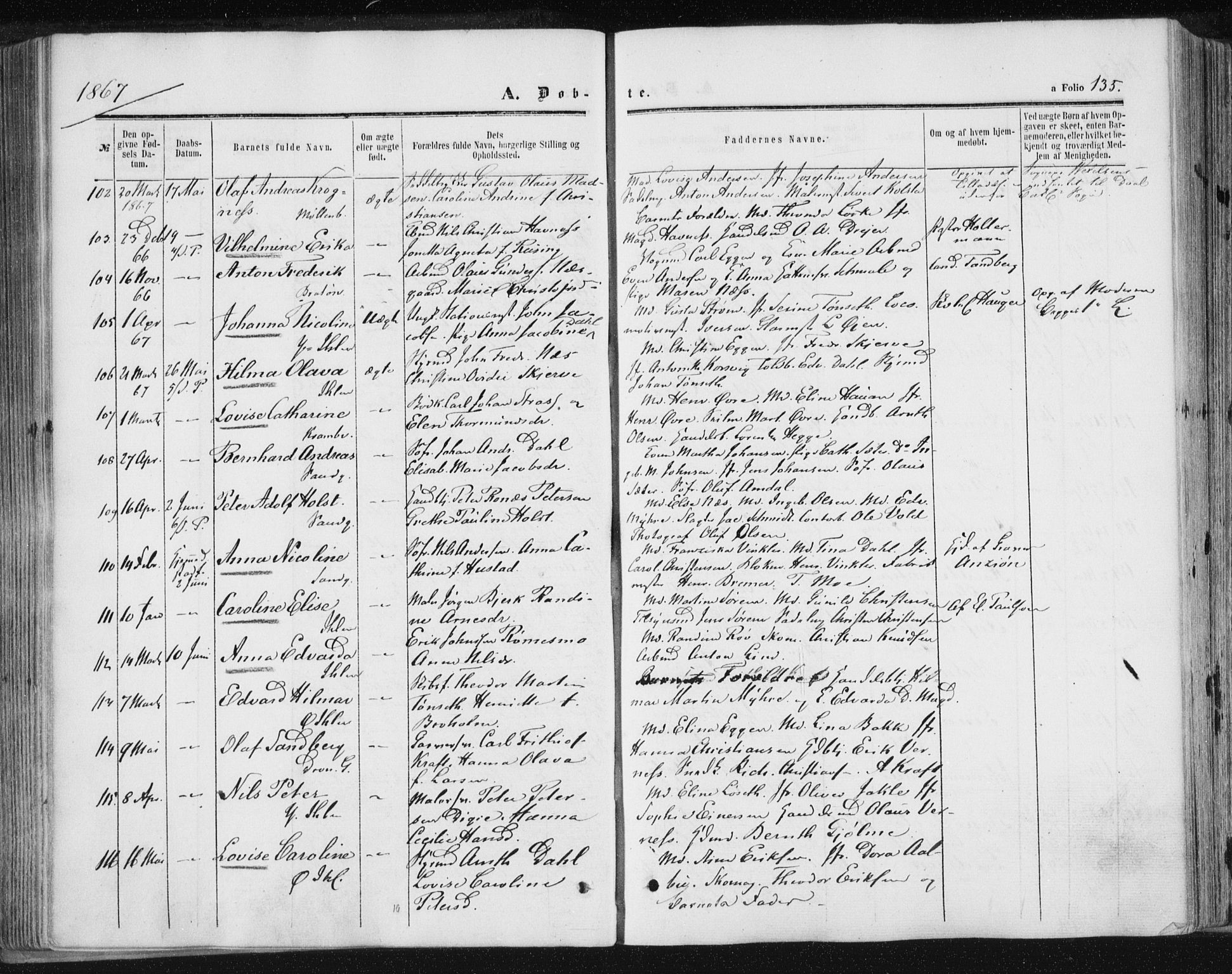 Ministerialprotokoller, klokkerbøker og fødselsregistre - Sør-Trøndelag, SAT/A-1456/602/L0115: Ministerialbok nr. 602A13, 1860-1872, s. 135