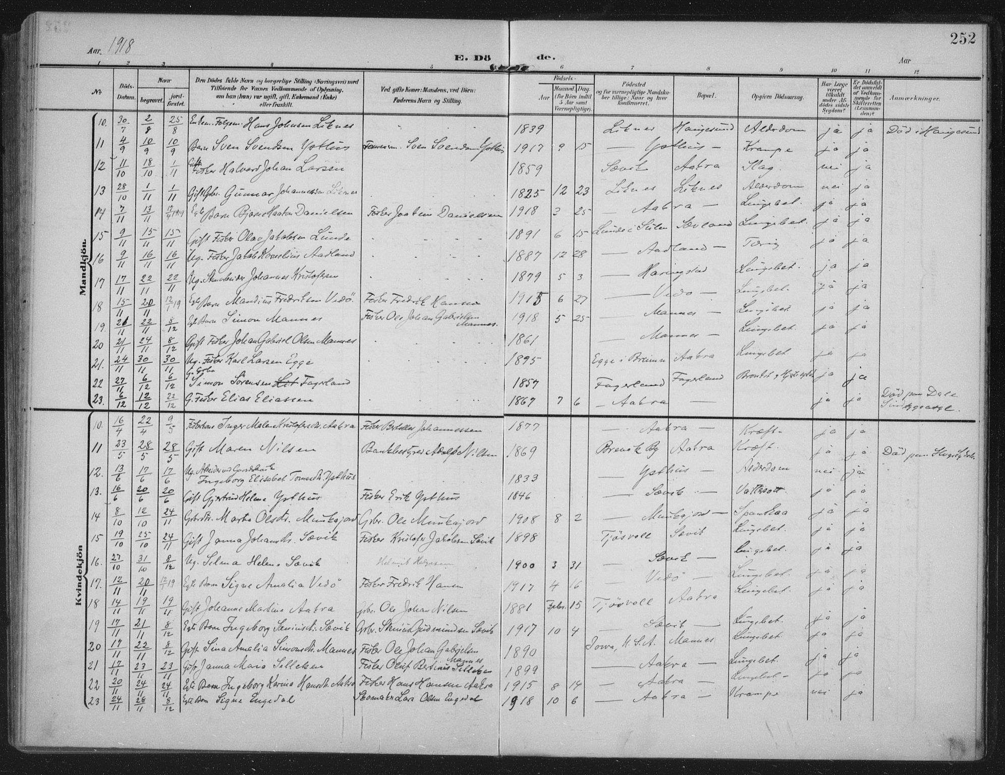 Kopervik sokneprestkontor, AV/SAST-A-101850/H/Ha/Haa/L0005: Ministerialbok nr. A 5, 1906-1924, s. 252