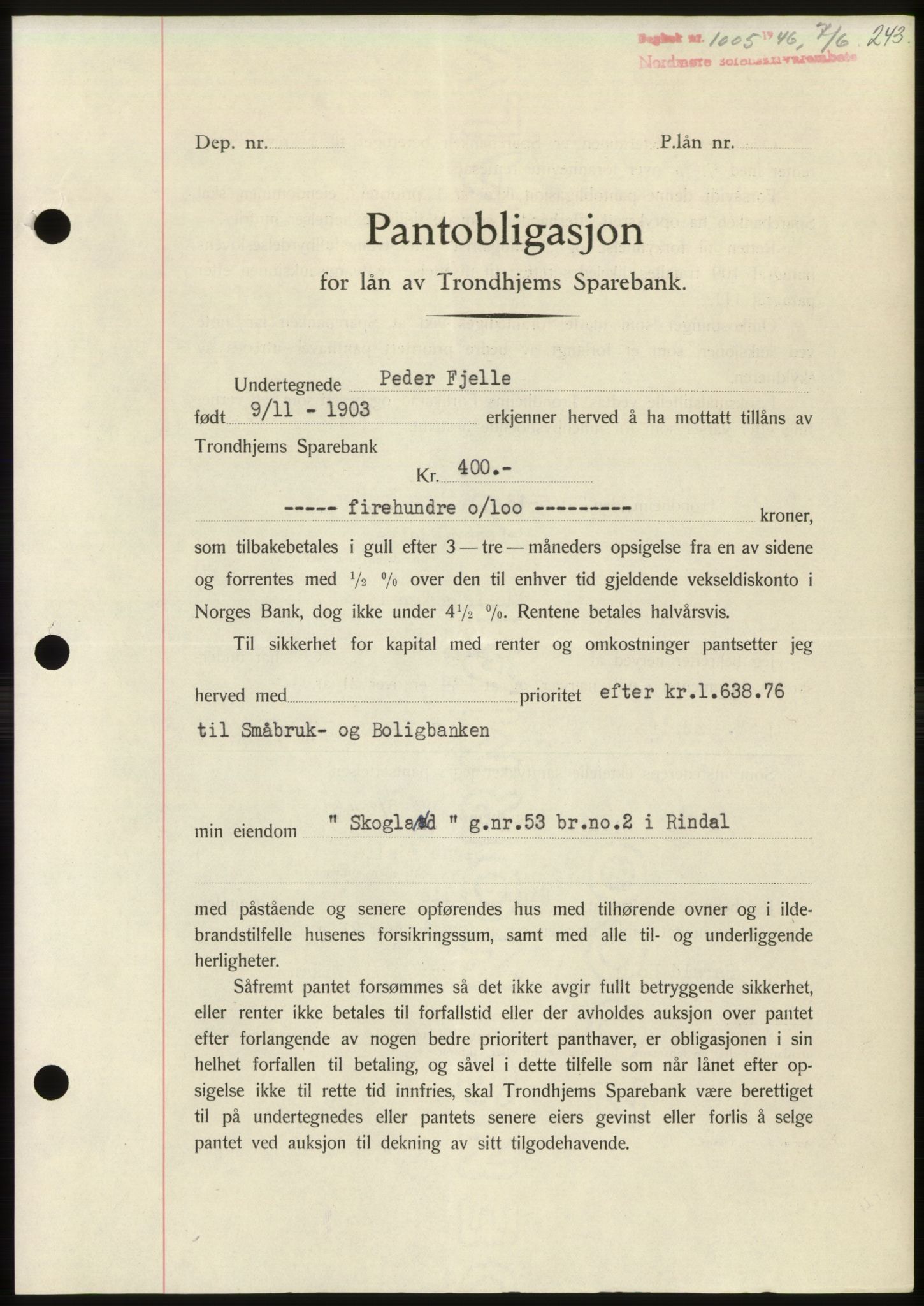 Nordmøre sorenskriveri, AV/SAT-A-4132/1/2/2Ca: Pantebok nr. B94, 1946-1946, Dagboknr: 1005/1946