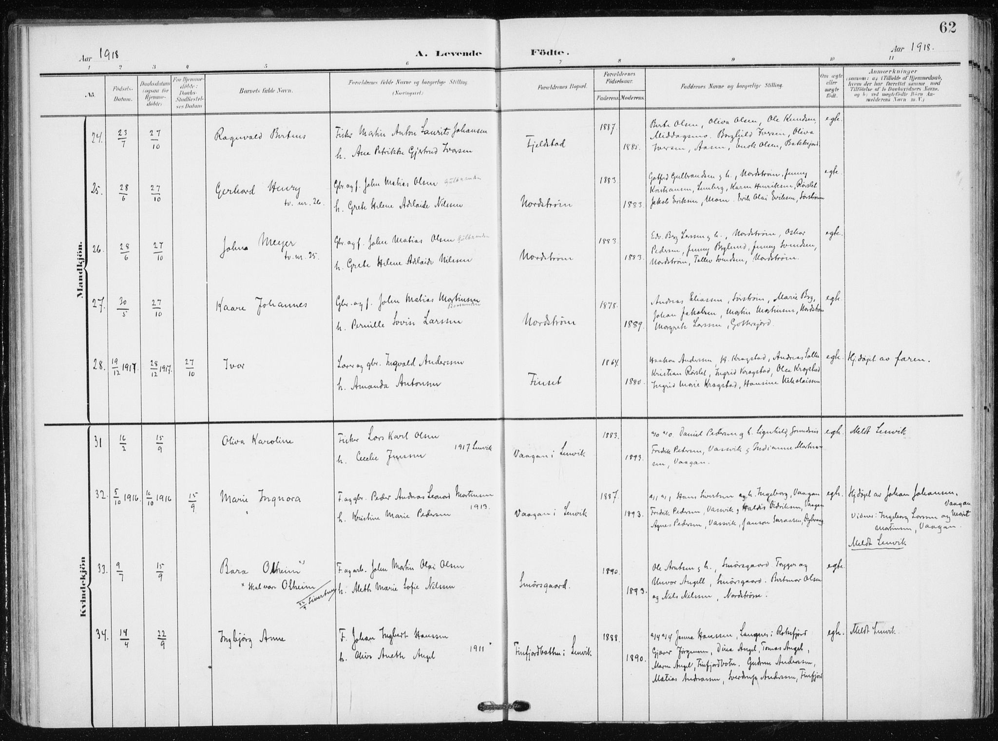 Tranøy sokneprestkontor, AV/SATØ-S-1313/I/Ia/Iaa/L0012kirke: Ministerialbok nr. 12, 1905-1918, s. 62