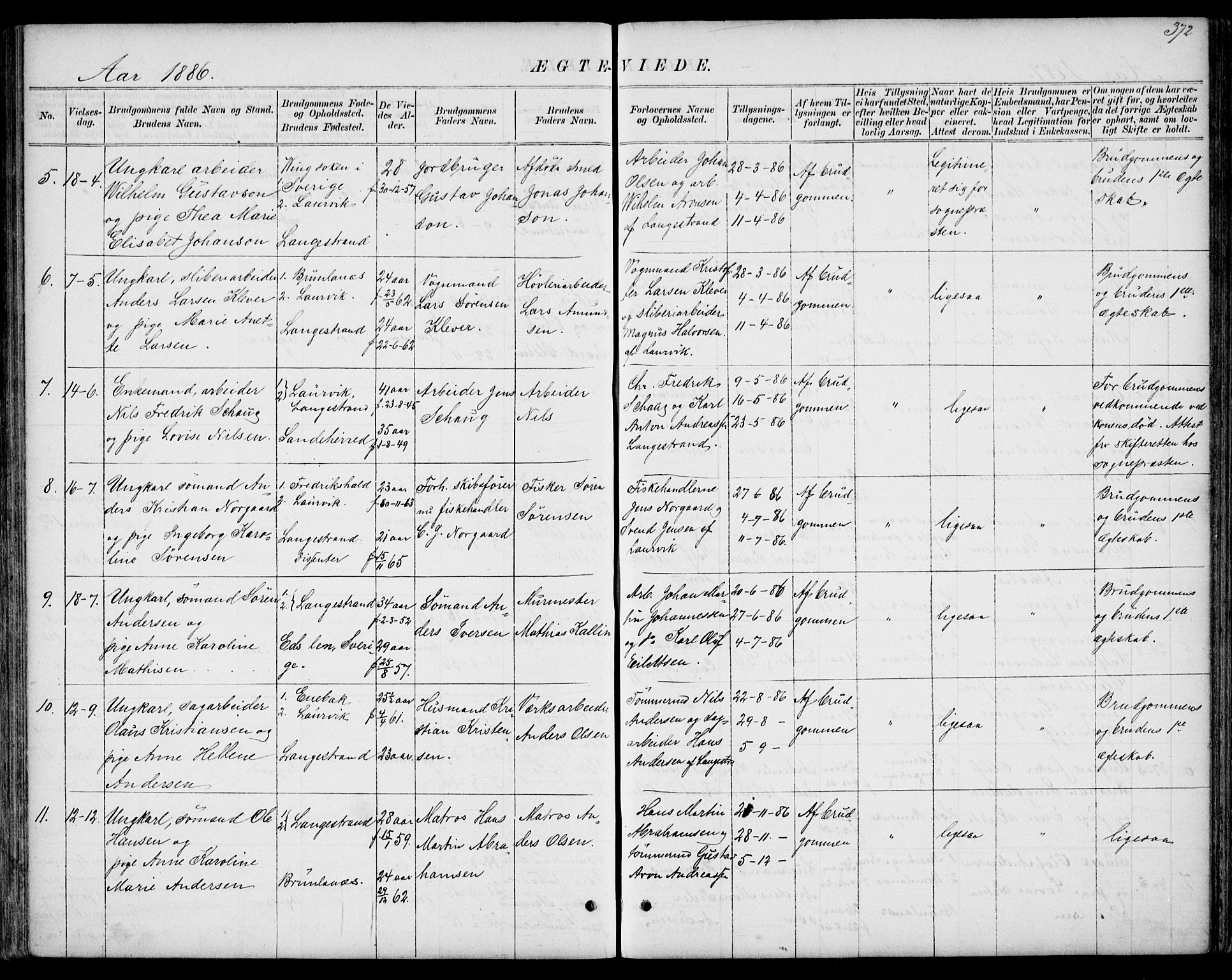 Larvik kirkebøker, AV/SAKO-A-352/G/Gb/L0003: Klokkerbok nr. II 3, 1867-1899, s. 372