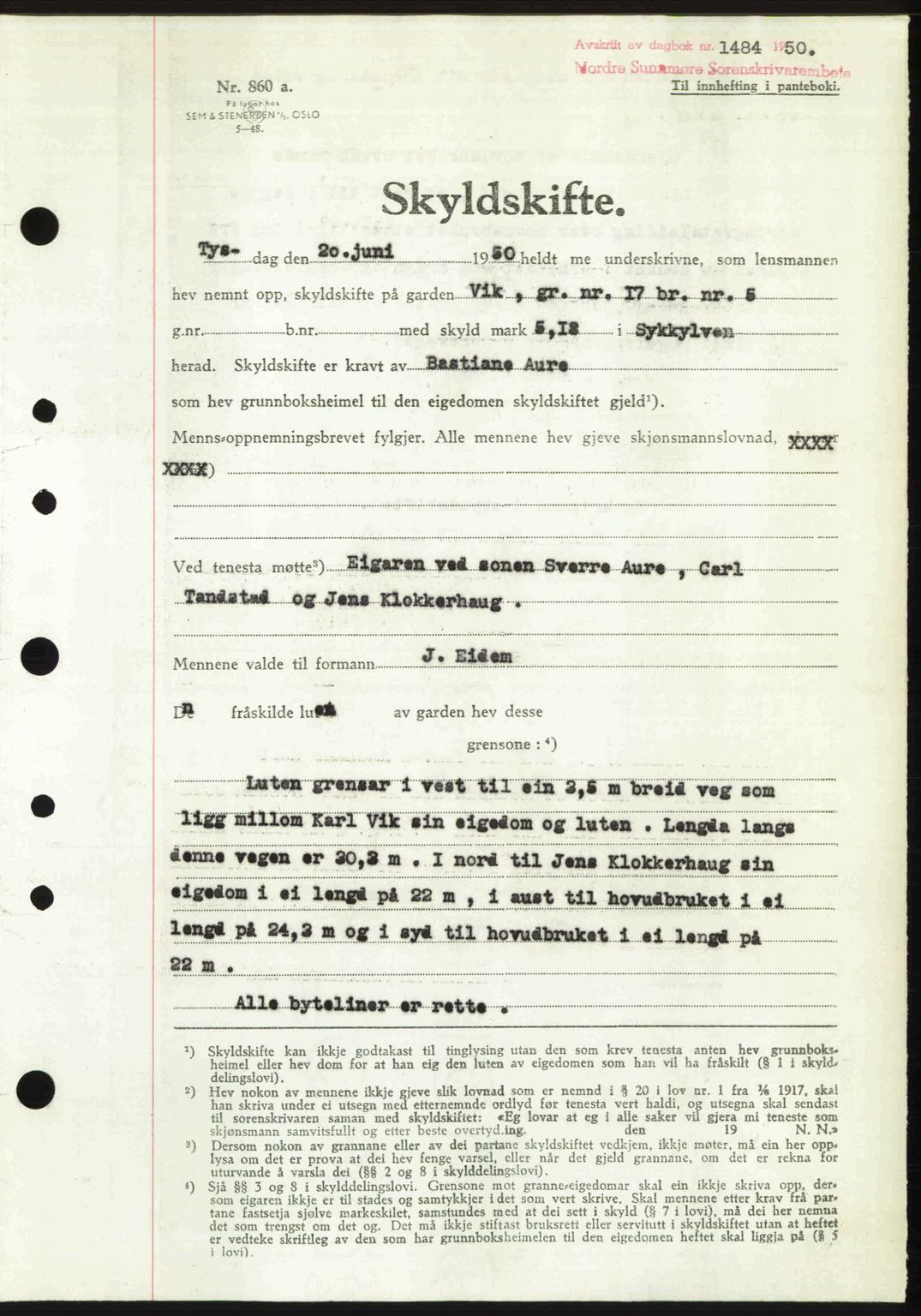 Nordre Sunnmøre sorenskriveri, SAT/A-0006/1/2/2C/2Ca: Pantebok nr. A35, 1950-1950, Dagboknr: 1484/1950