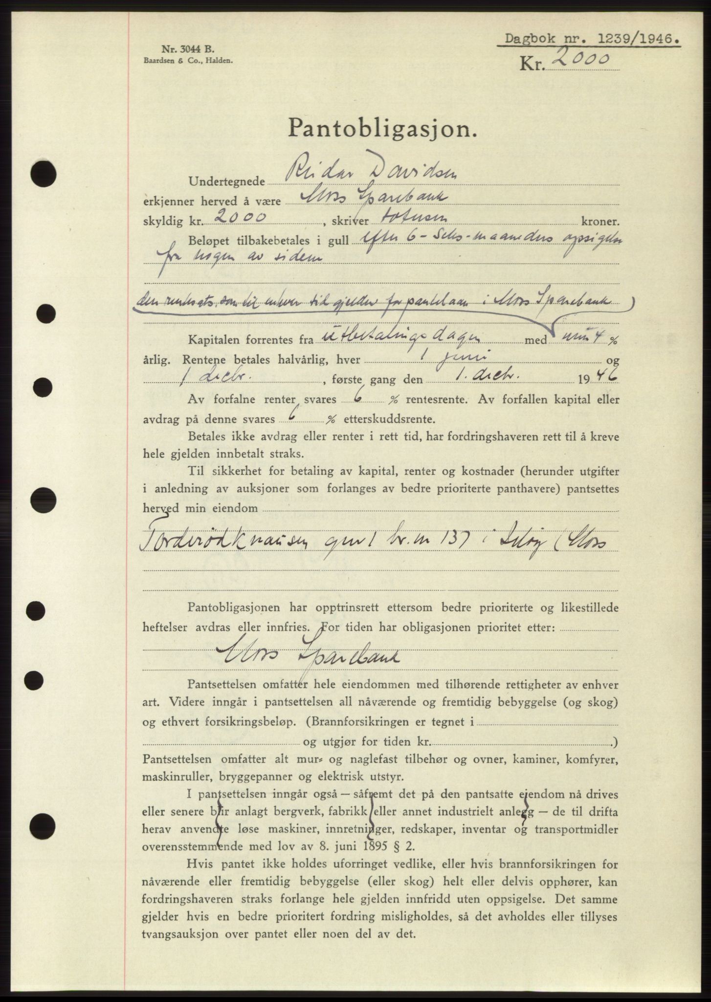 Moss sorenskriveri, SAO/A-10168: Pantebok nr. B15, 1946-1946, Dagboknr: 1239/1946