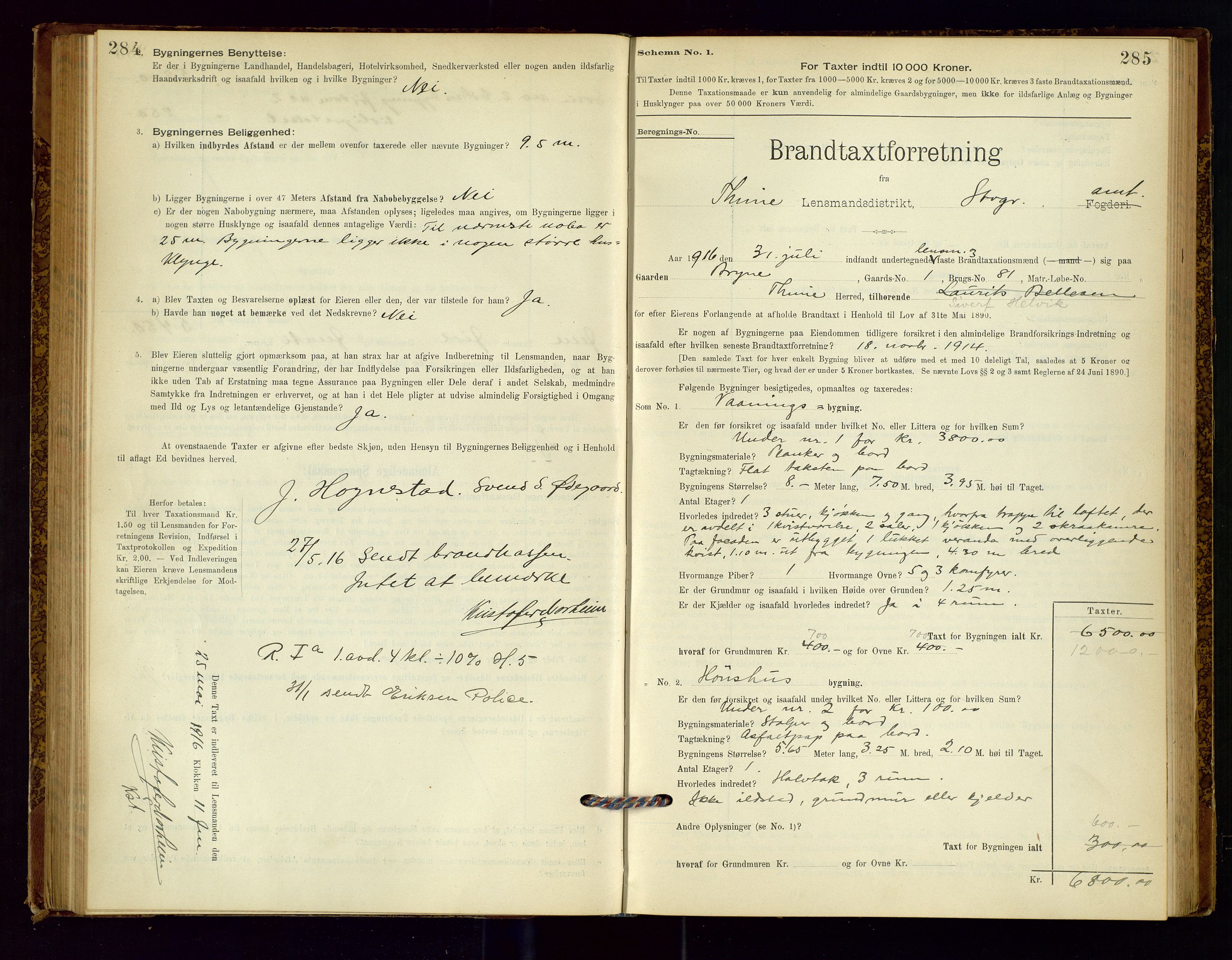 Time lensmannskontor, AV/SAST-A-100420/Gob/L0001: Branntakstprotokoll, 1896-1914, s. 284-285