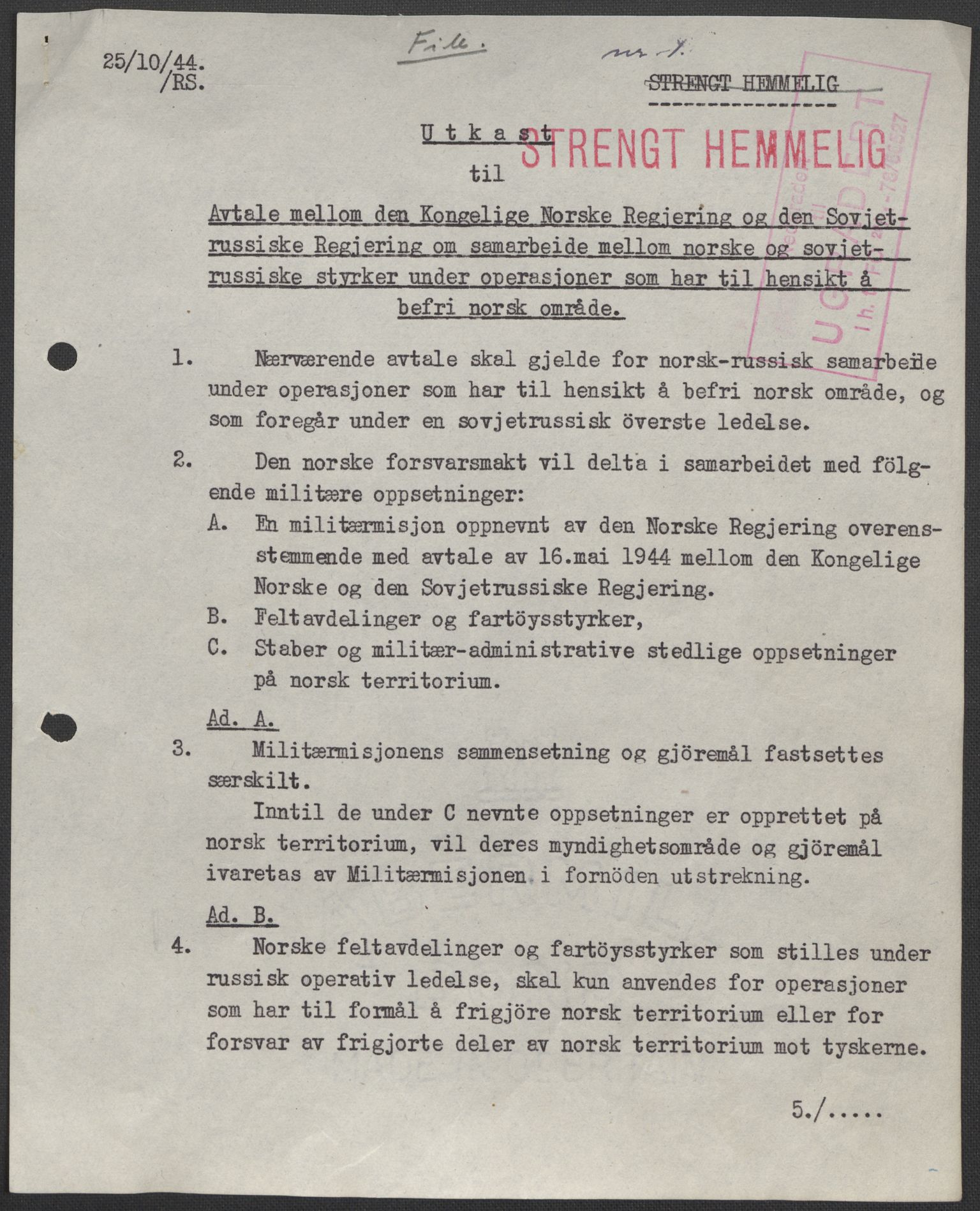 Forsvaret, Forsvarets krigshistoriske avdeling, AV/RA-RAFA-2017/E/Ec/L0137/0005: Kapitulasjon i 1945.  Opptakt og avslutning. / Utkast til avtale mellom Regjeringen og Sovjet 1944.  Protokoll Kirkenes  24.09.1945., 1944-1945, s. 3