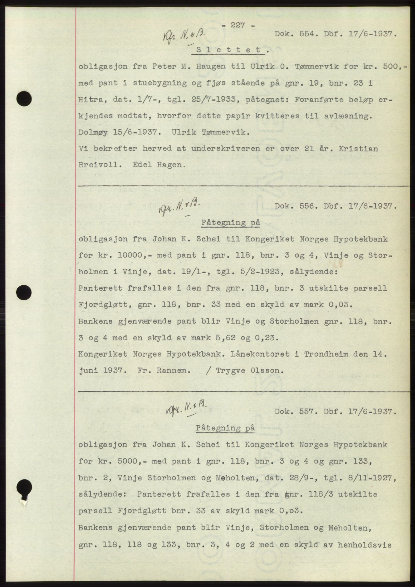 Hitra sorenskriveri, AV/SAT-A-0018/2/2C/2Ca: Pantebok nr. C1, 1936-1945, Dagboknr: 554/1937