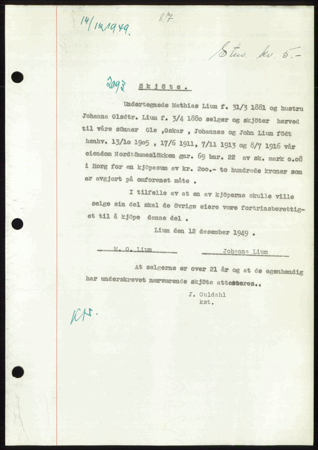 Gauldal sorenskriveri, SAT/A-0014/1/2/2C: Pantebok nr. A9, 1949-1950, Dagboknr: 2093/1949