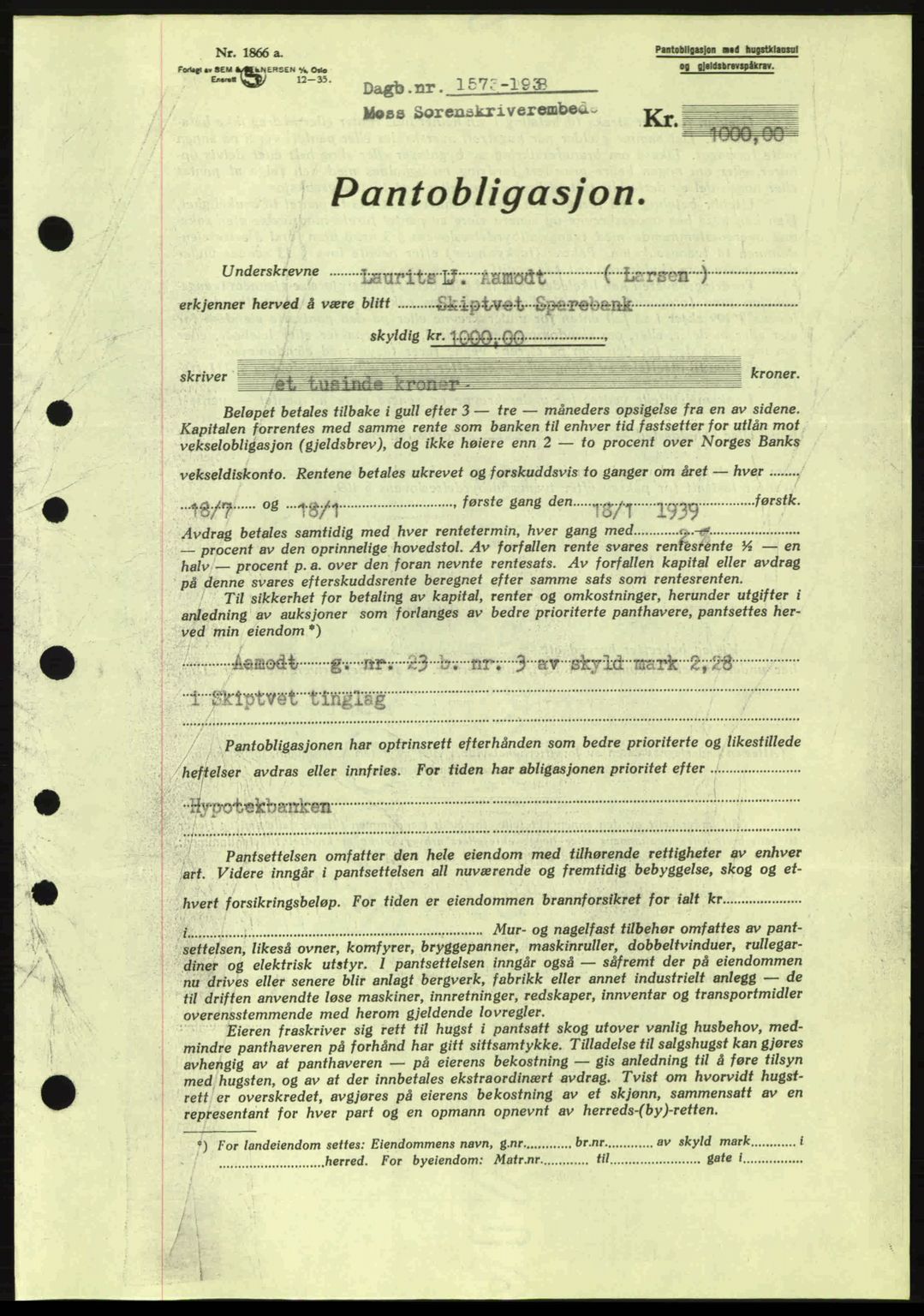 Moss sorenskriveri, SAO/A-10168: Pantebok nr. B6, 1938-1938, Dagboknr: 1573/1938
