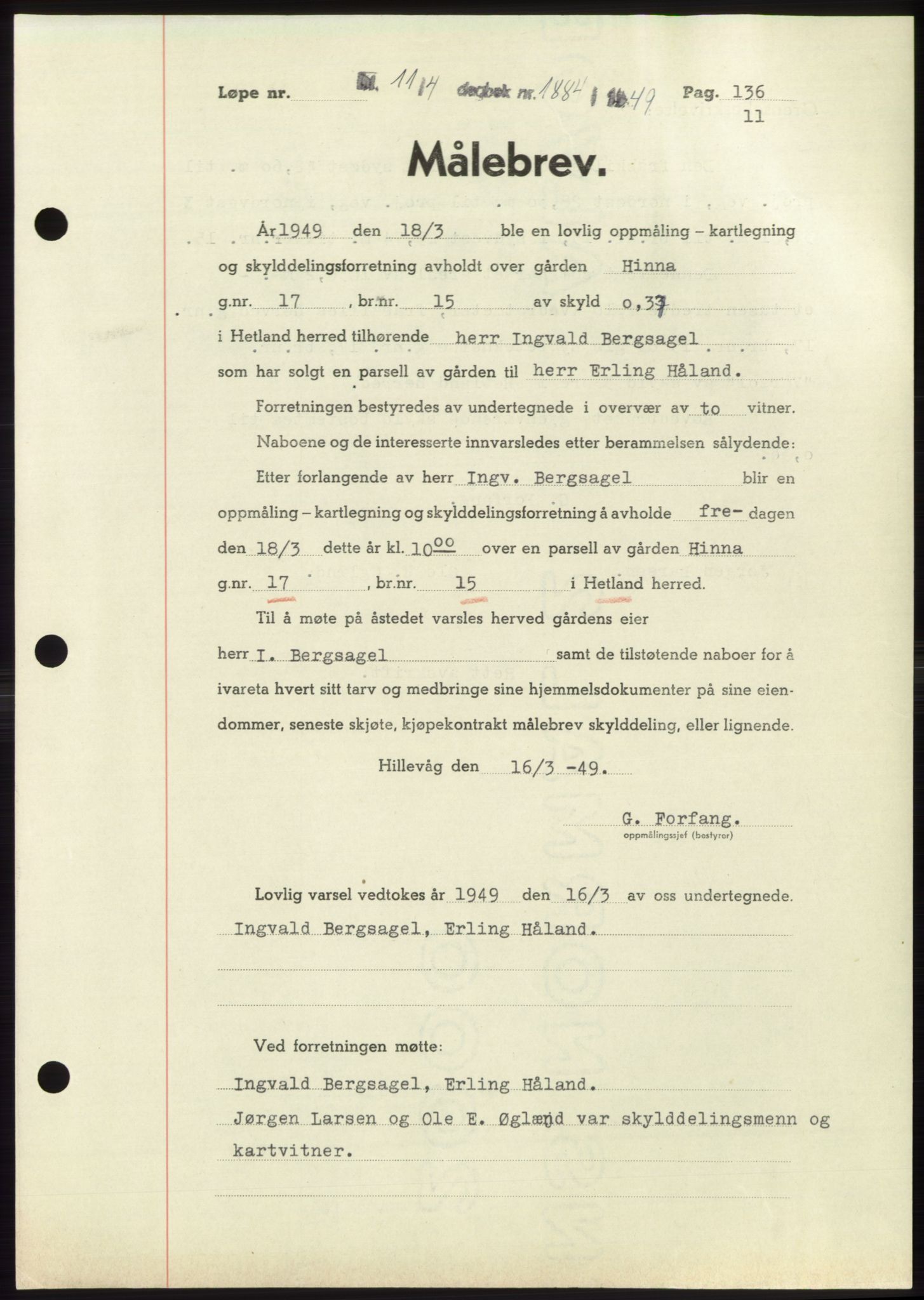 Jæren sorenskriveri, SAST/A-100310/03/G/Gba/L0102: Pantebok, 1949-1949, Dagboknr: 1884/1949