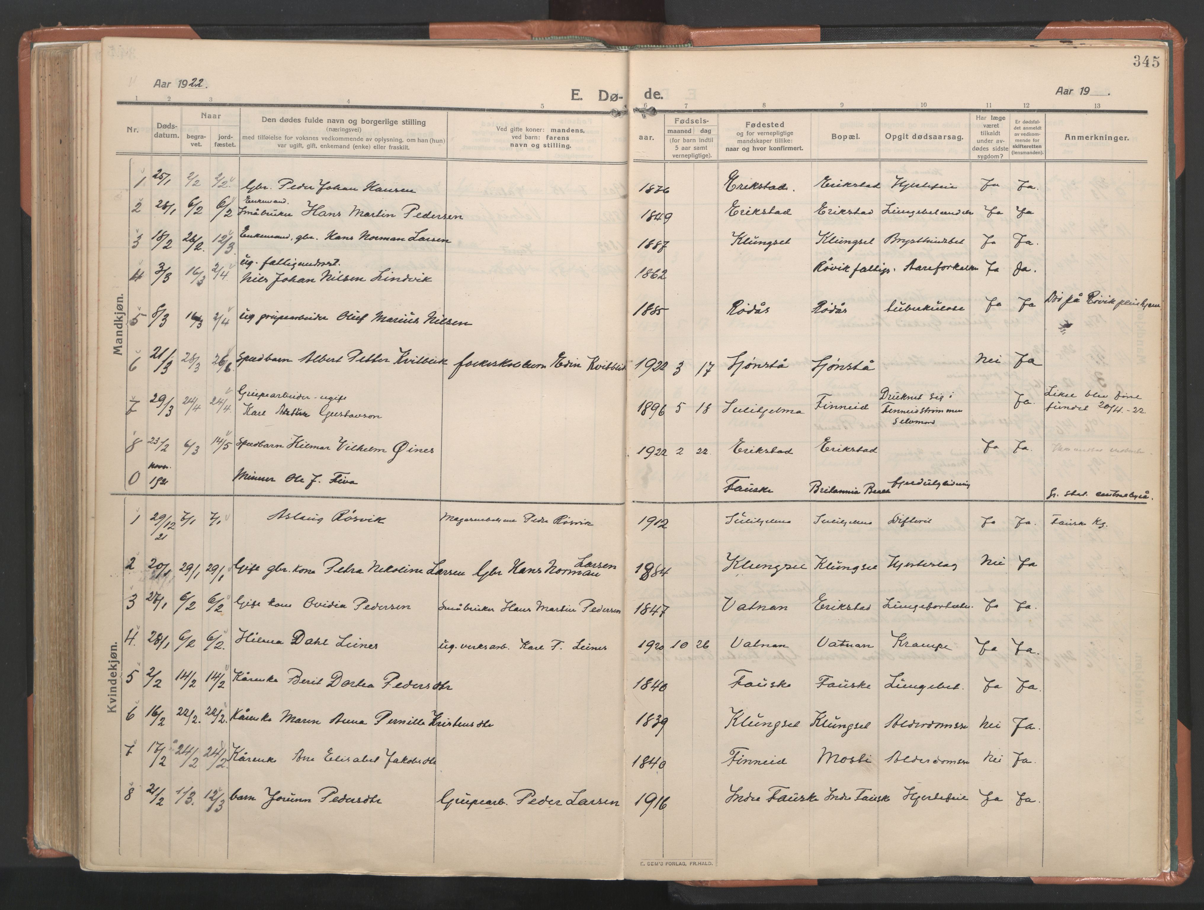Ministerialprotokoller, klokkerbøker og fødselsregistre - Nordland, AV/SAT-A-1459/849/L0698: Ministerialbok nr. 849A09, 1911-1924, s. 345