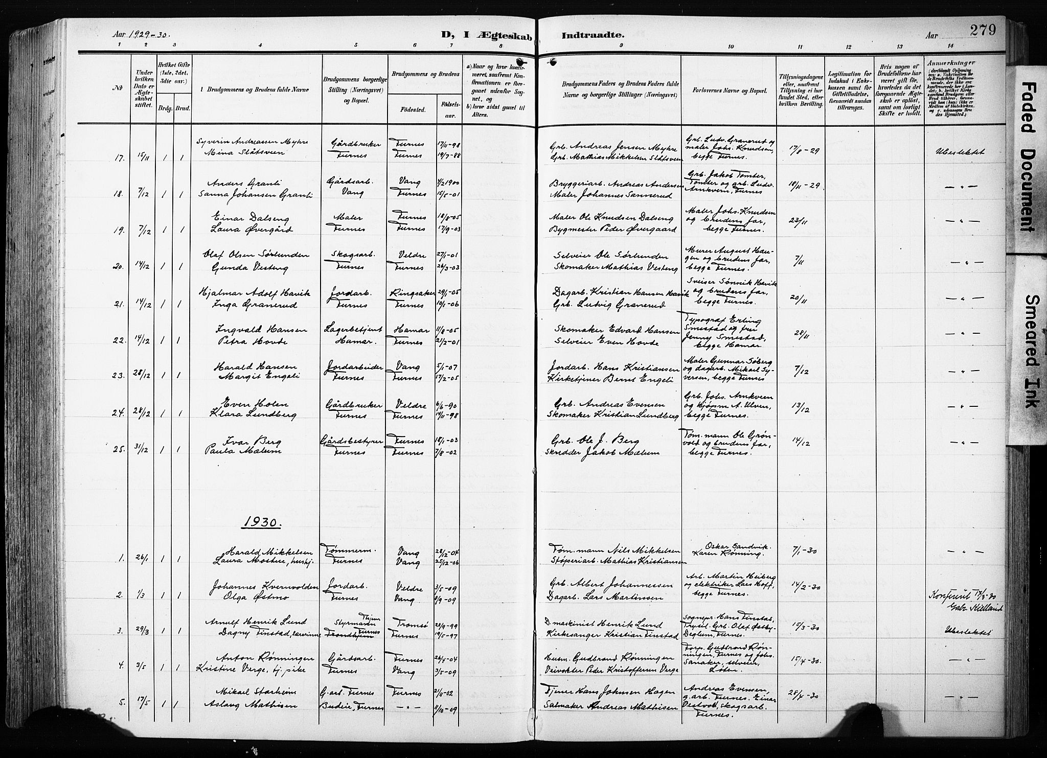 Furnes prestekontor, AV/SAH-PREST-012/L/La/L0001: Klokkerbok nr. 1, 1904-1933, s. 279