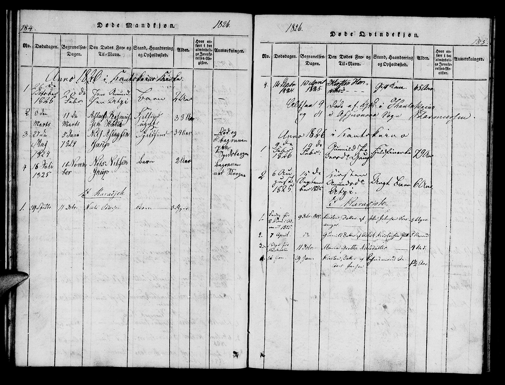 Kistrand/Porsanger sokneprestembete, AV/SATØ-S-1351/H/Hb/L0001.klokk: Klokkerbok nr. 1, 1821-1829, s. 184-185