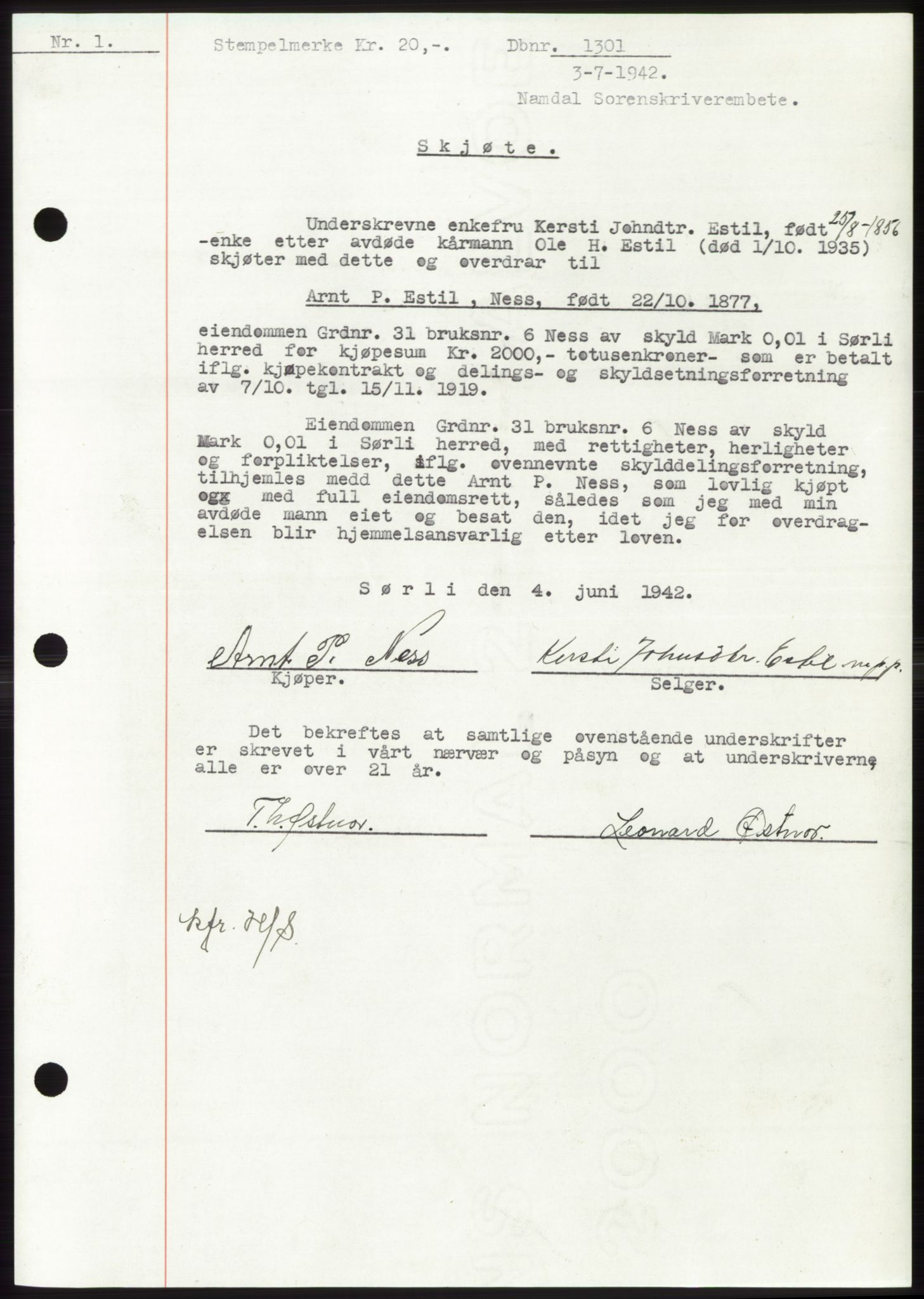 Namdal sorenskriveri, SAT/A-4133/1/2/2C: Pantebok nr. -, 1942-1943, Dagboknr: 1301/1942