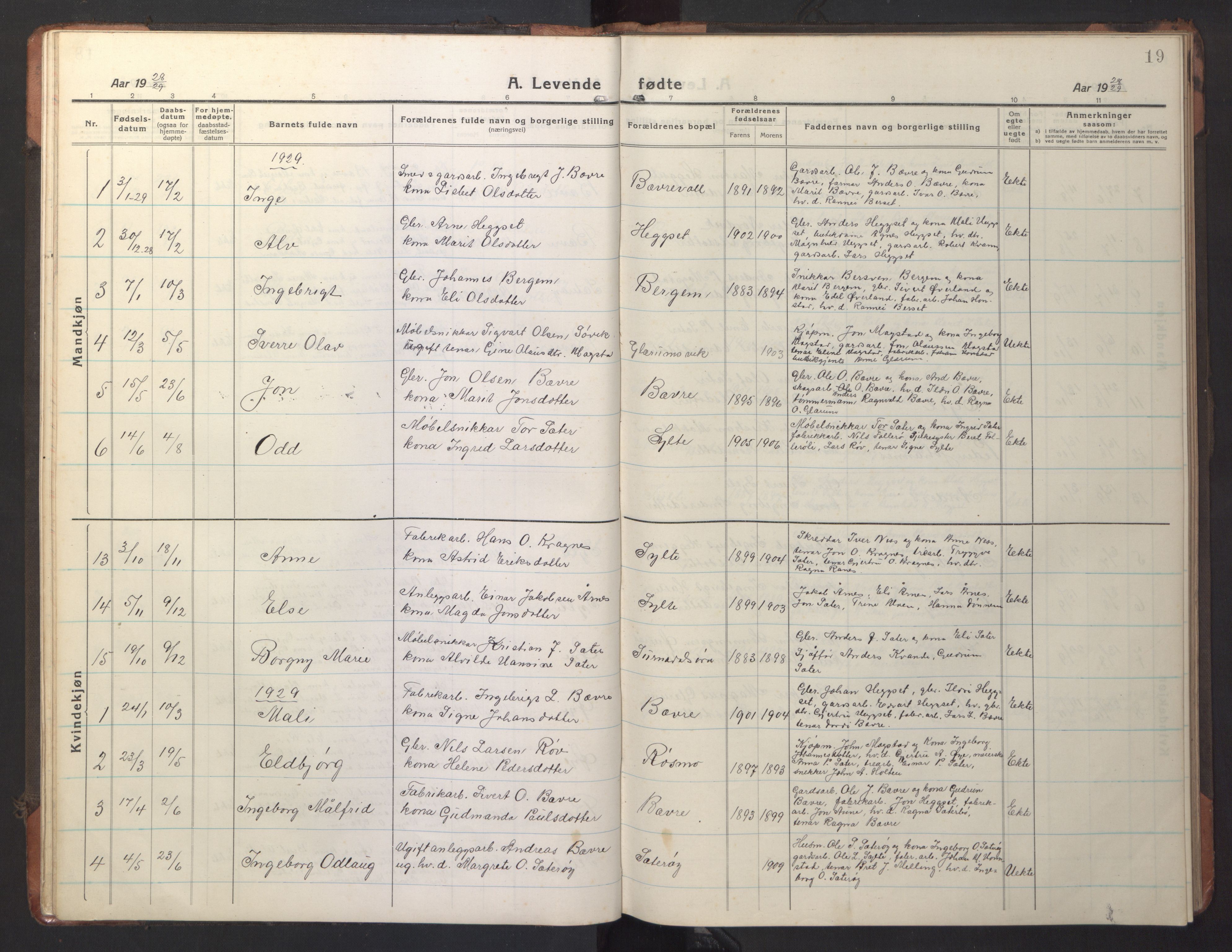 Ministerialprotokoller, klokkerbøker og fødselsregistre - Møre og Romsdal, AV/SAT-A-1454/595/L1054: Klokkerbok nr. 595C06, 1920-1948, s. 19