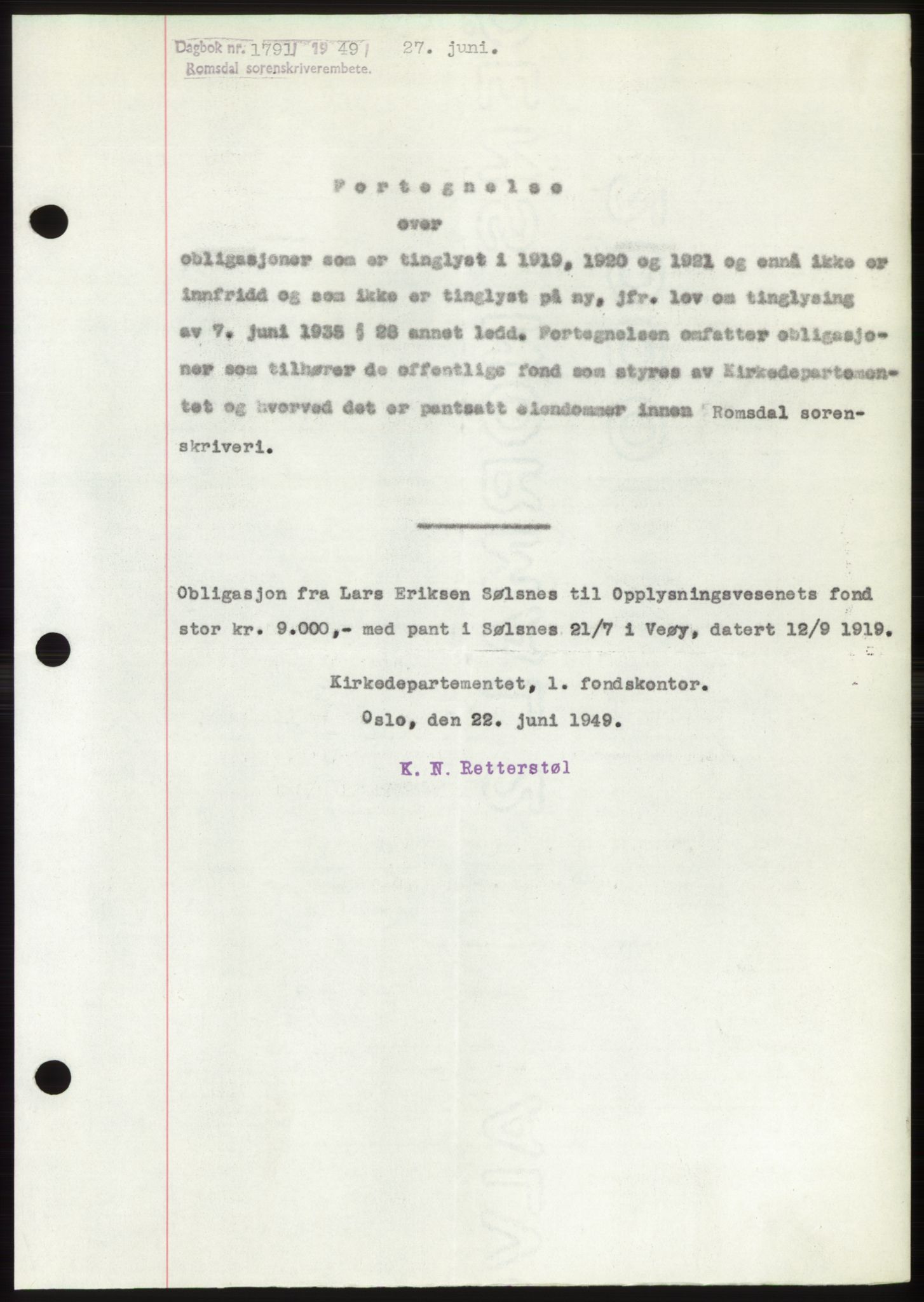 Romsdal sorenskriveri, SAT/A-4149/1/2/2C: Pantebok nr. B4, 1948-1949, Dagboknr: 1791/1949