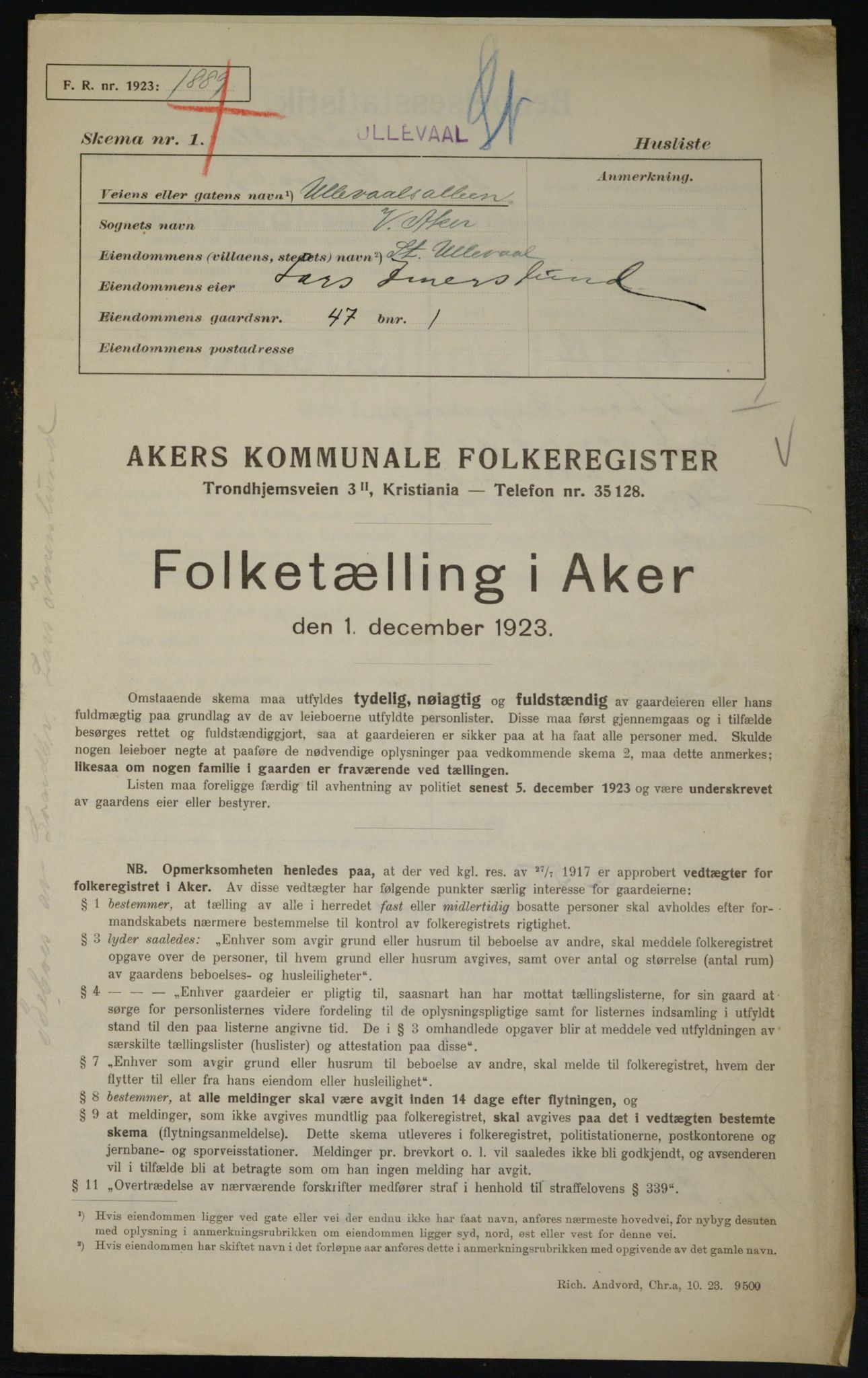 , Kommunal folketelling 1.12.1923 for Aker, 1923, s. 20279