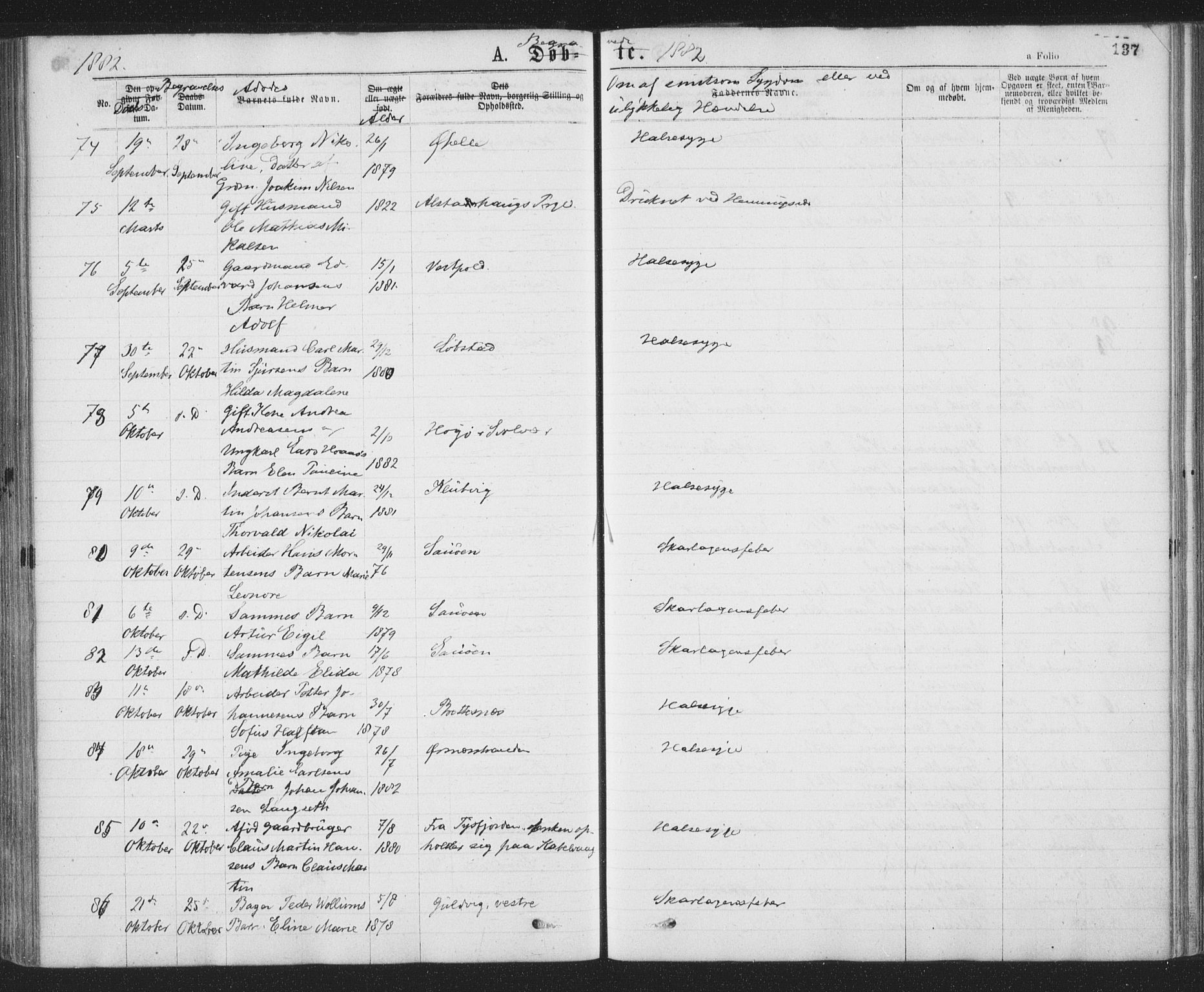 Ministerialprotokoller, klokkerbøker og fødselsregistre - Nordland, AV/SAT-A-1459/874/L1058: Ministerialbok nr. 874A02, 1878-1883, s. 137