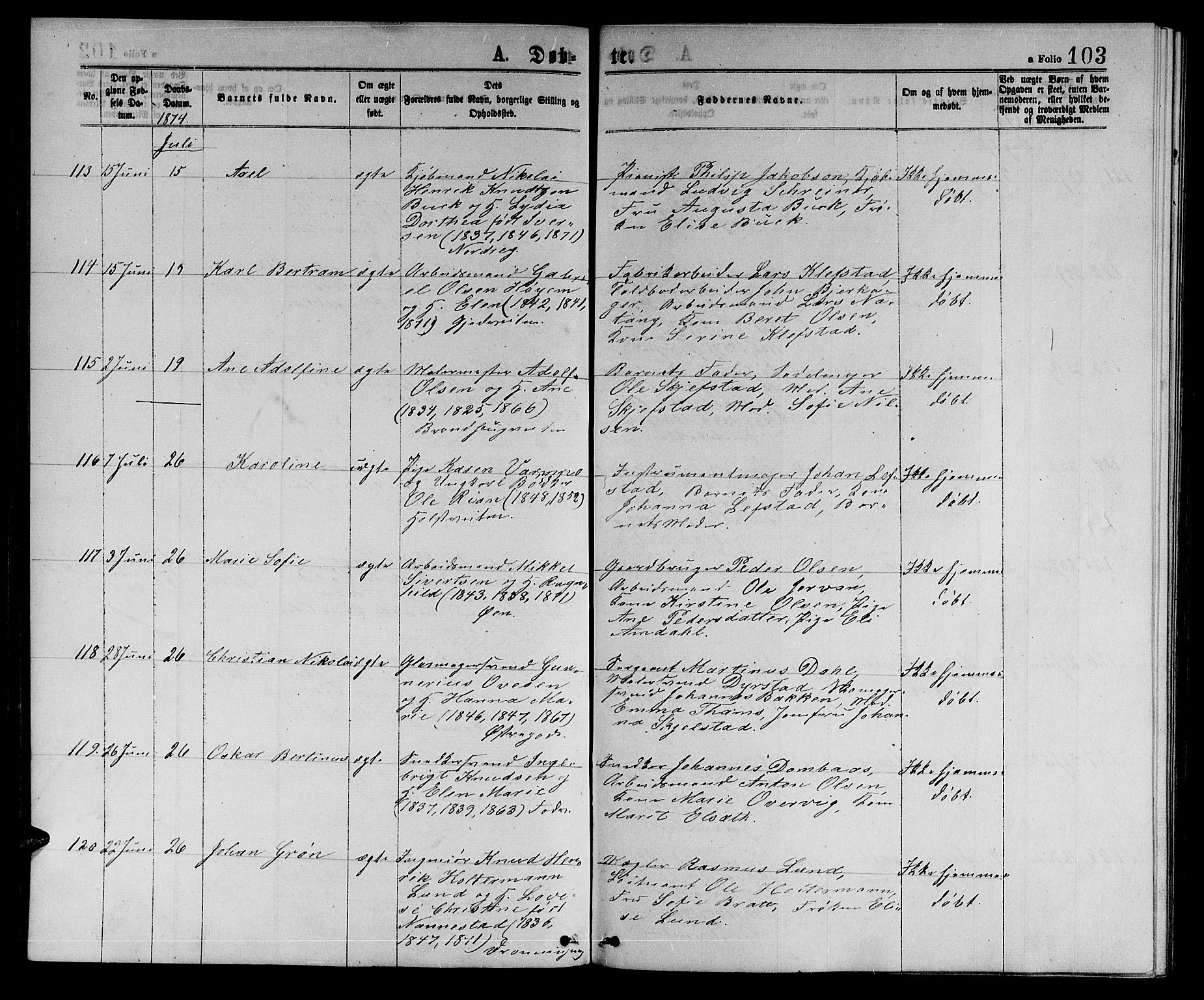 Ministerialprotokoller, klokkerbøker og fødselsregistre - Sør-Trøndelag, AV/SAT-A-1456/601/L0088: Klokkerbok nr. 601C06, 1870-1878, s. 103