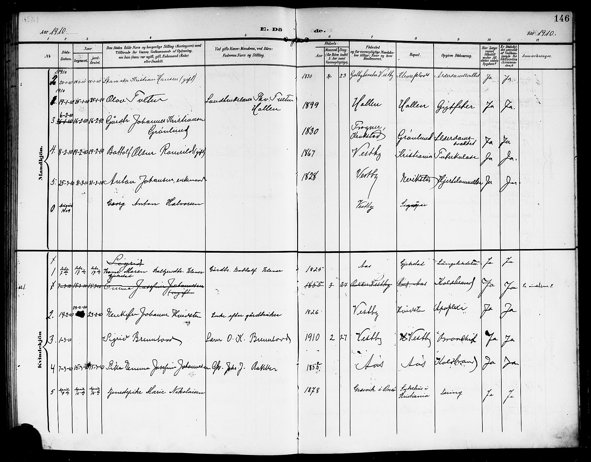 Vestby prestekontor Kirkebøker, AV/SAO-A-10893/G/Ga/L0002: Klokkerbok nr. I 2, 1903-1916, s. 146
