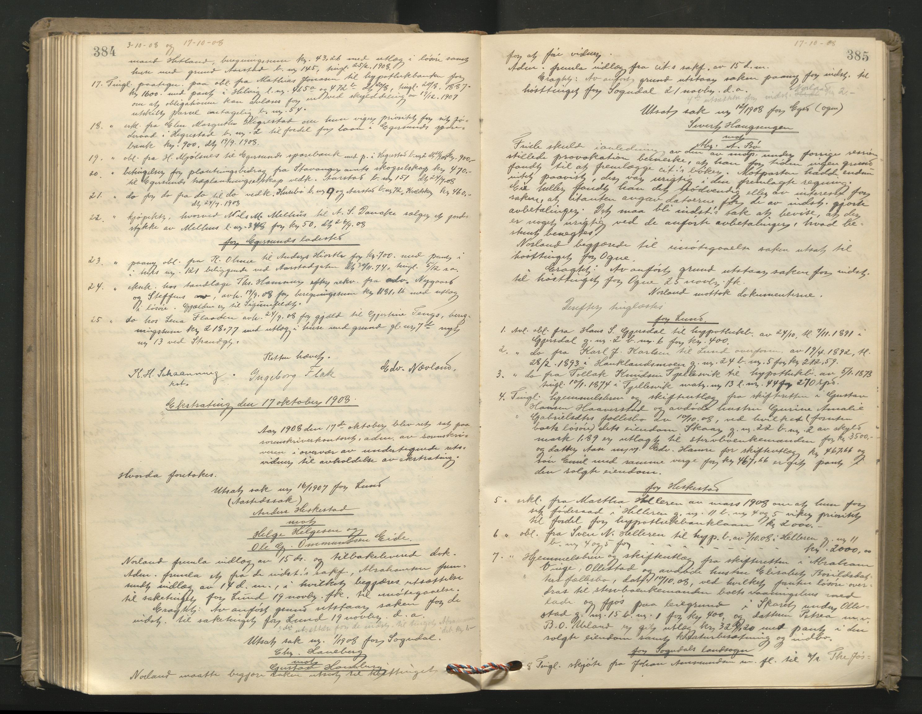 Dalane sorenskriveri, AV/SAST-A-100309/001/3/30/30BA/L0008: TINGBOK, 1906-1911, s. 384-385