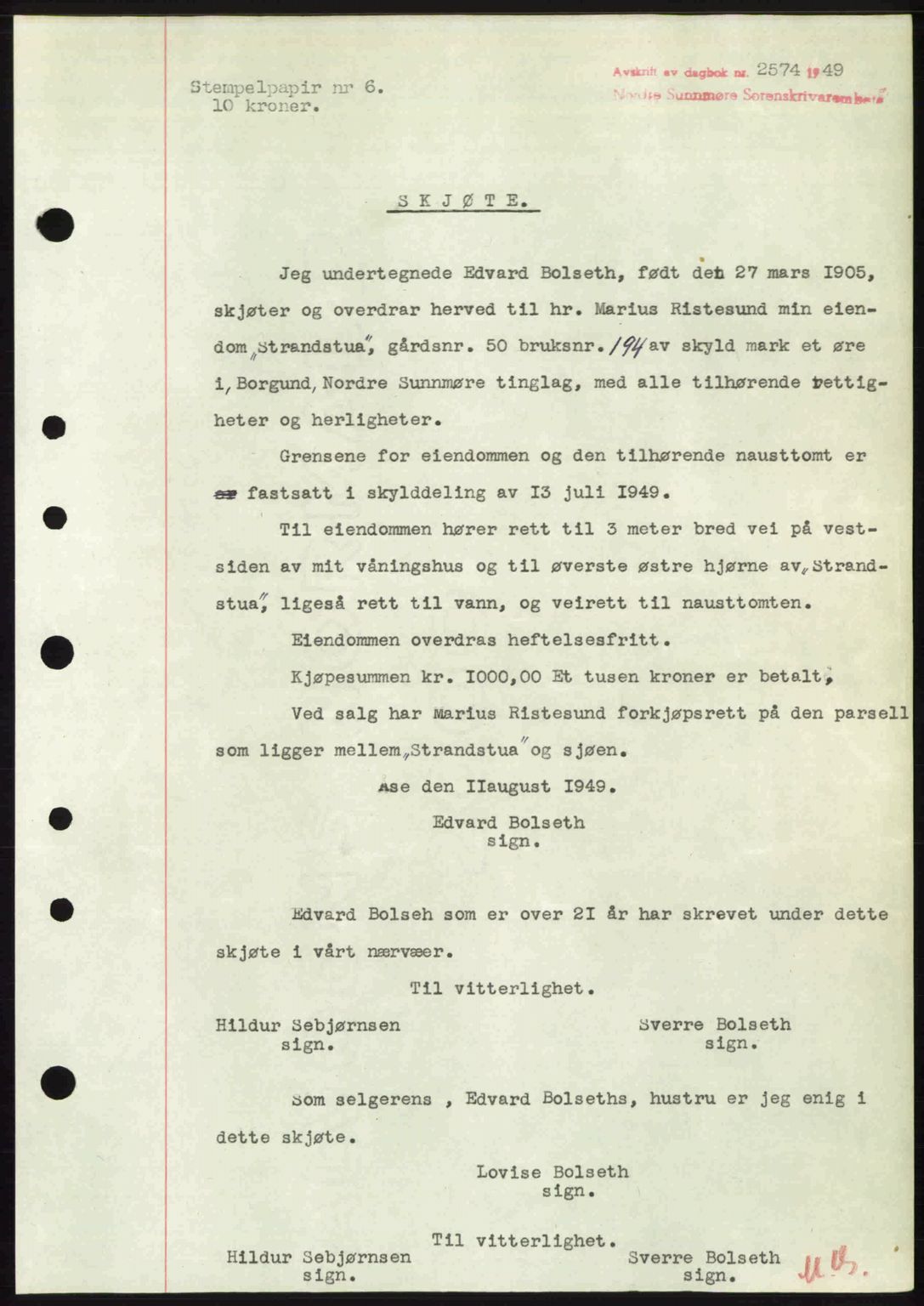 Nordre Sunnmøre sorenskriveri, SAT/A-0006/1/2/2C/2Ca: Pantebok nr. A32, 1949-1949, Dagboknr: 2574/1949