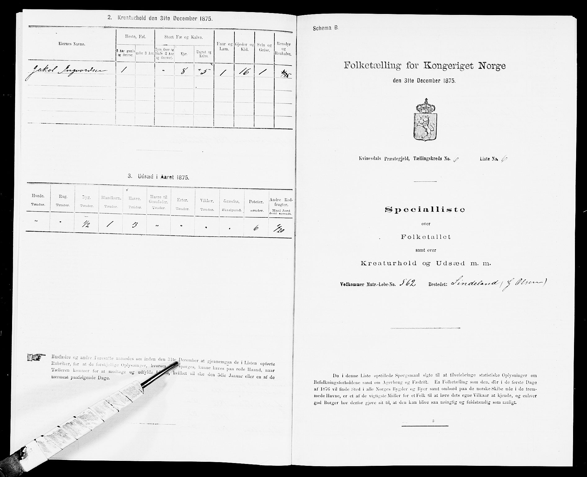 SAK, Folketelling 1875 for 1037P Kvinesdal prestegjeld, 1875, s. 923