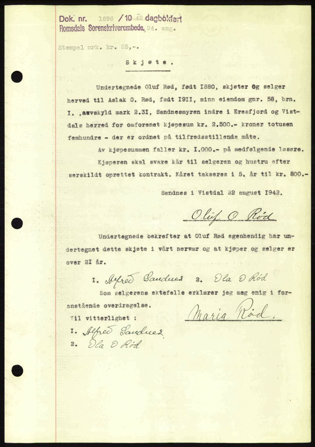 Romsdal sorenskriveri, SAT/A-4149/1/2/2C: Pantebok nr. A12, 1942-1942, Dagboknr: 1696/1942
