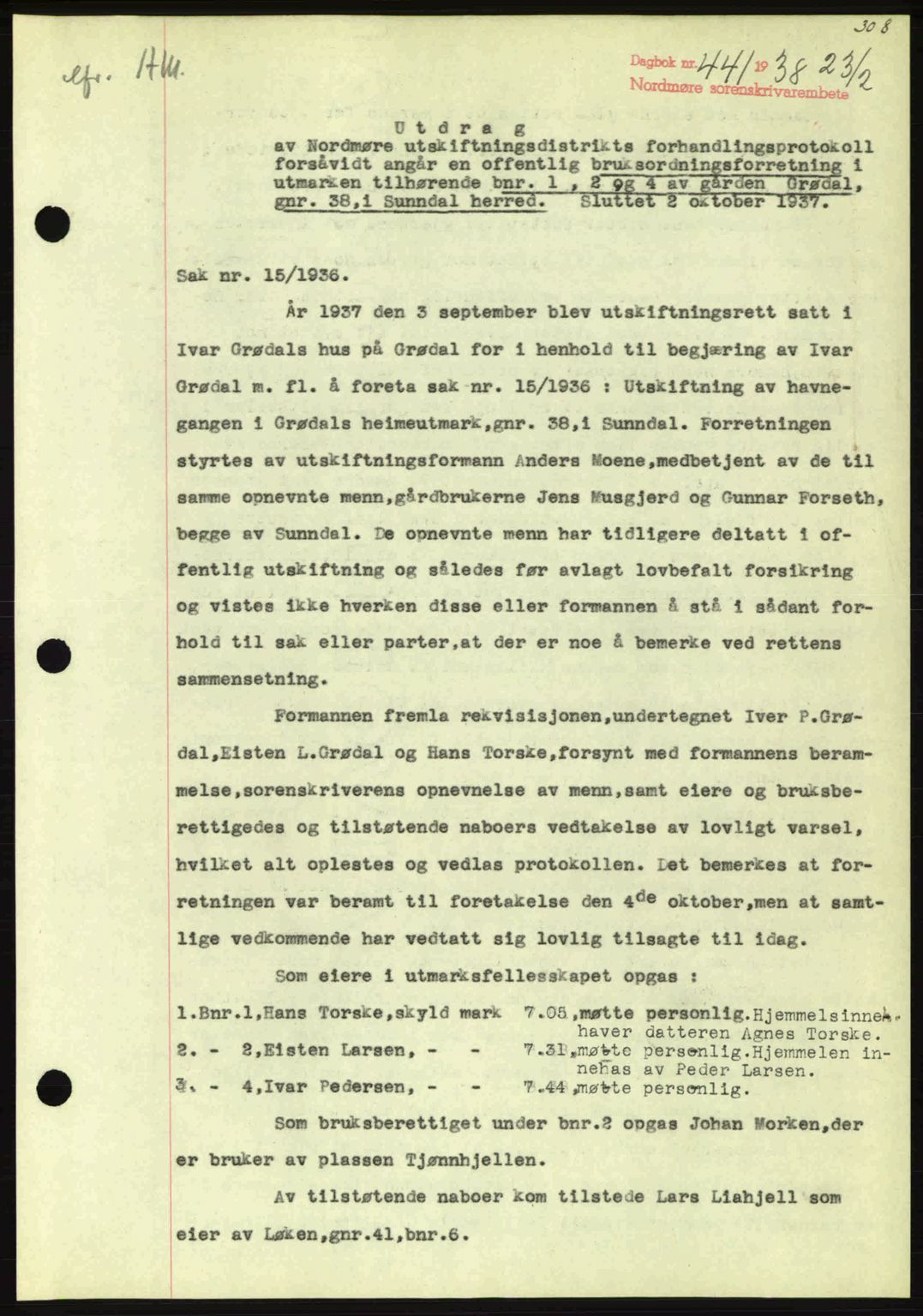 Nordmøre sorenskriveri, SAT/A-4132/1/2/2Ca: Pantebok nr. A83, 1938-1938, Dagboknr: 441/1938