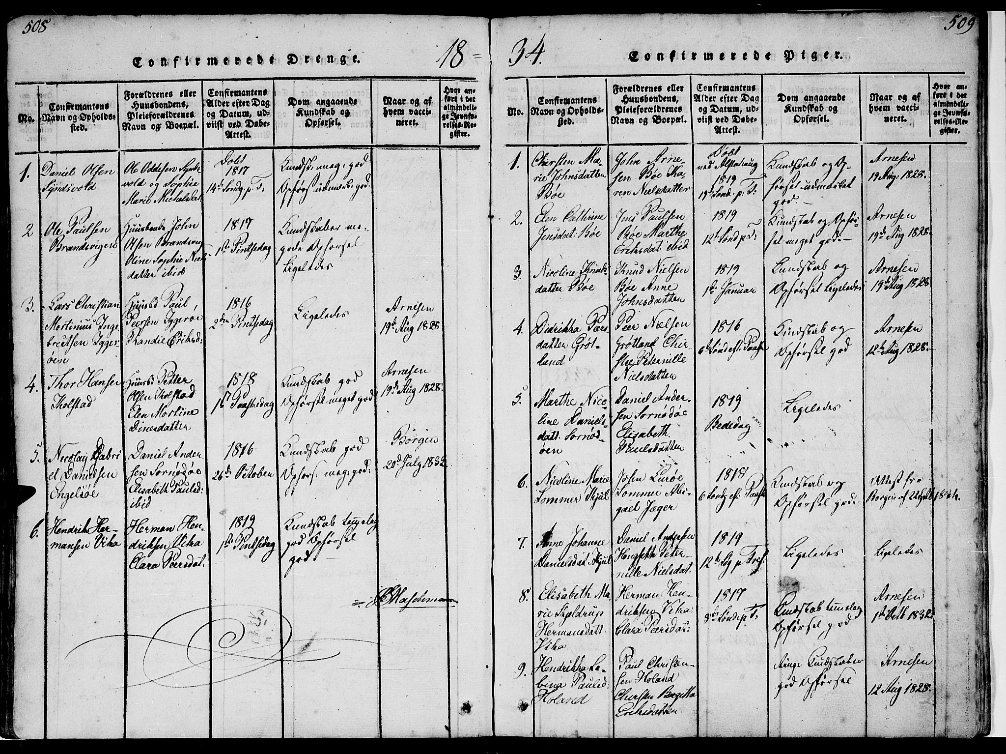 Ministerialprotokoller, klokkerbøker og fødselsregistre - Nordland, SAT/A-1459/816/L0239: Ministerialbok nr. 816A05, 1820-1845, s. 508-509