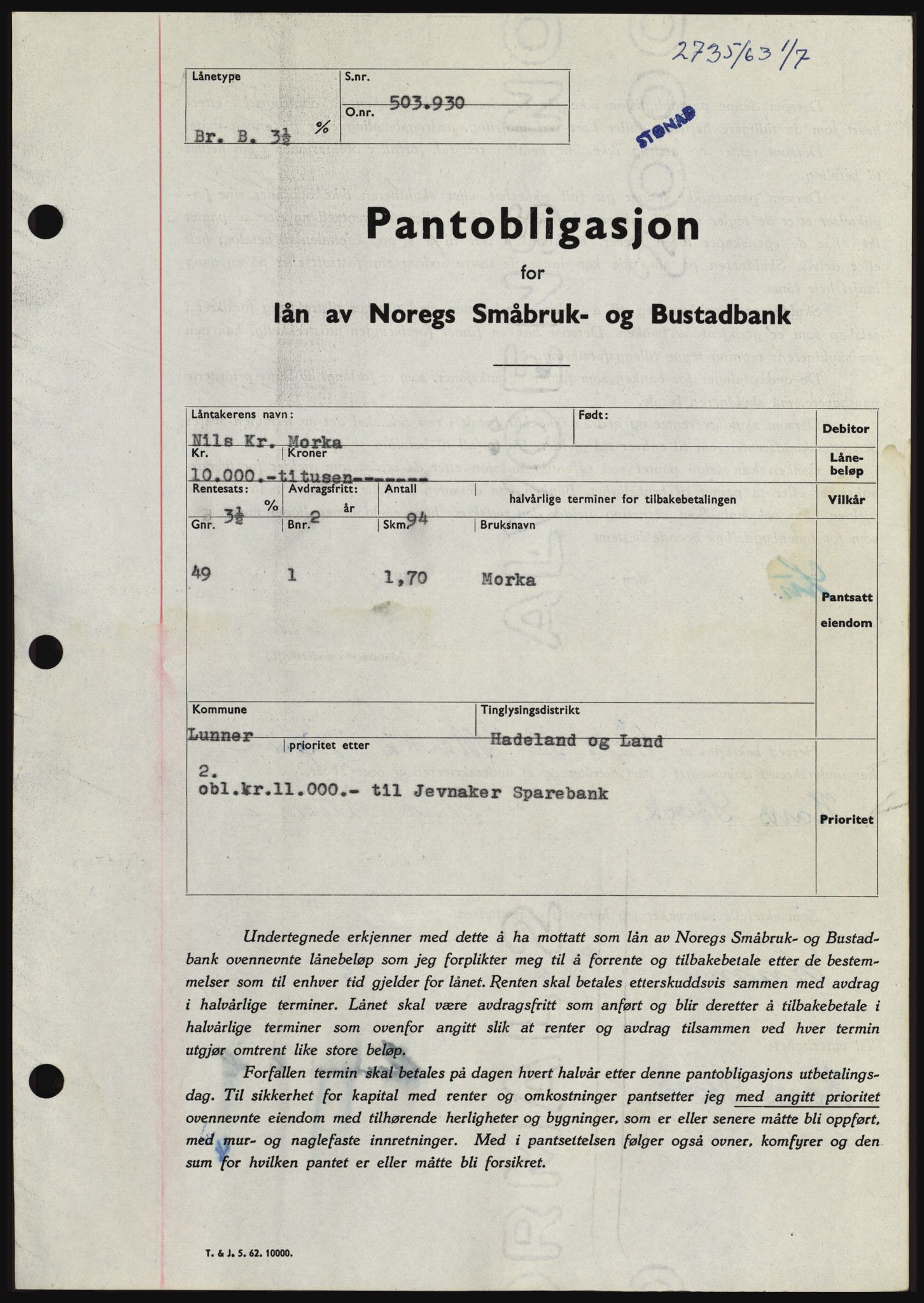 Hadeland og Land tingrett, SAH/TING-010/H/Hb/Hbc/L0052: Pantebok nr. B52, 1963-1963, Dagboknr: 2735/1963