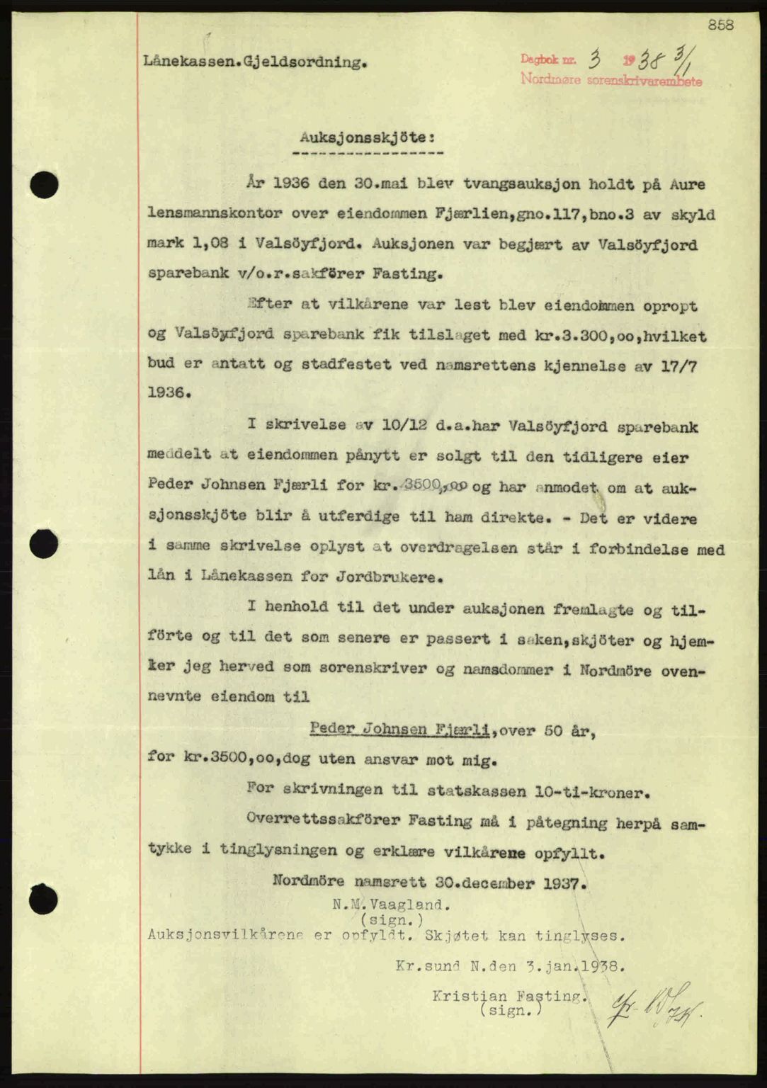 Nordmøre sorenskriveri, SAT/A-4132/1/2/2Ca: Pantebok nr. A82, 1937-1938, Dagboknr: 3/1938