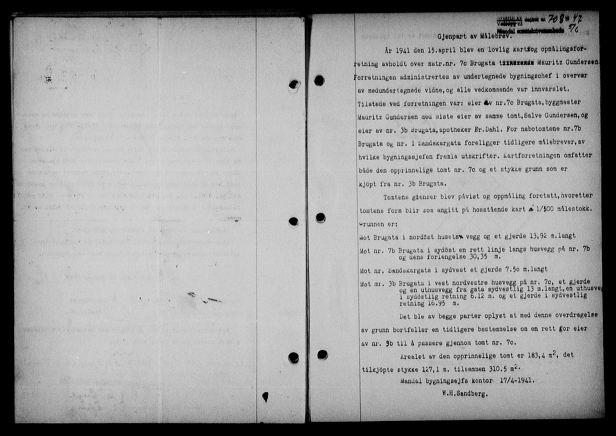 Mandal sorenskriveri, SAK/1221-0005/001/G/Gb/Gba/L0078: Pantebok nr. A-15, 1947-1947, Dagboknr: 708/1947
