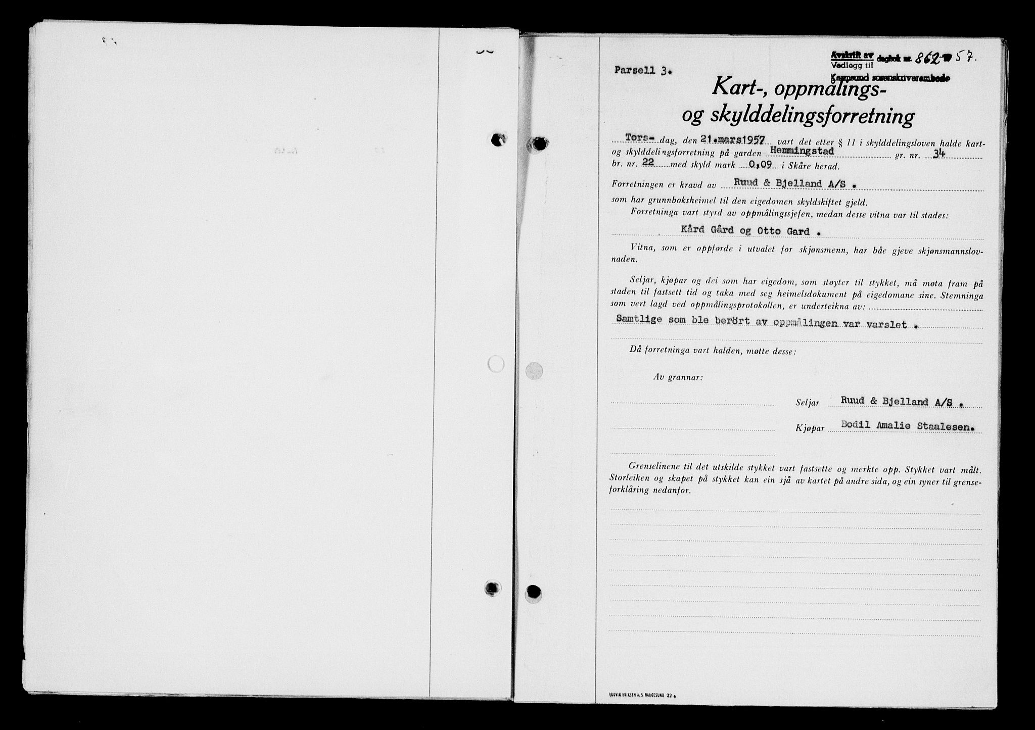 Karmsund sorenskriveri, SAST/A-100311/01/II/IIB/L0124: Pantebok nr. 104A, 1957-1957, Dagboknr: 862/1957