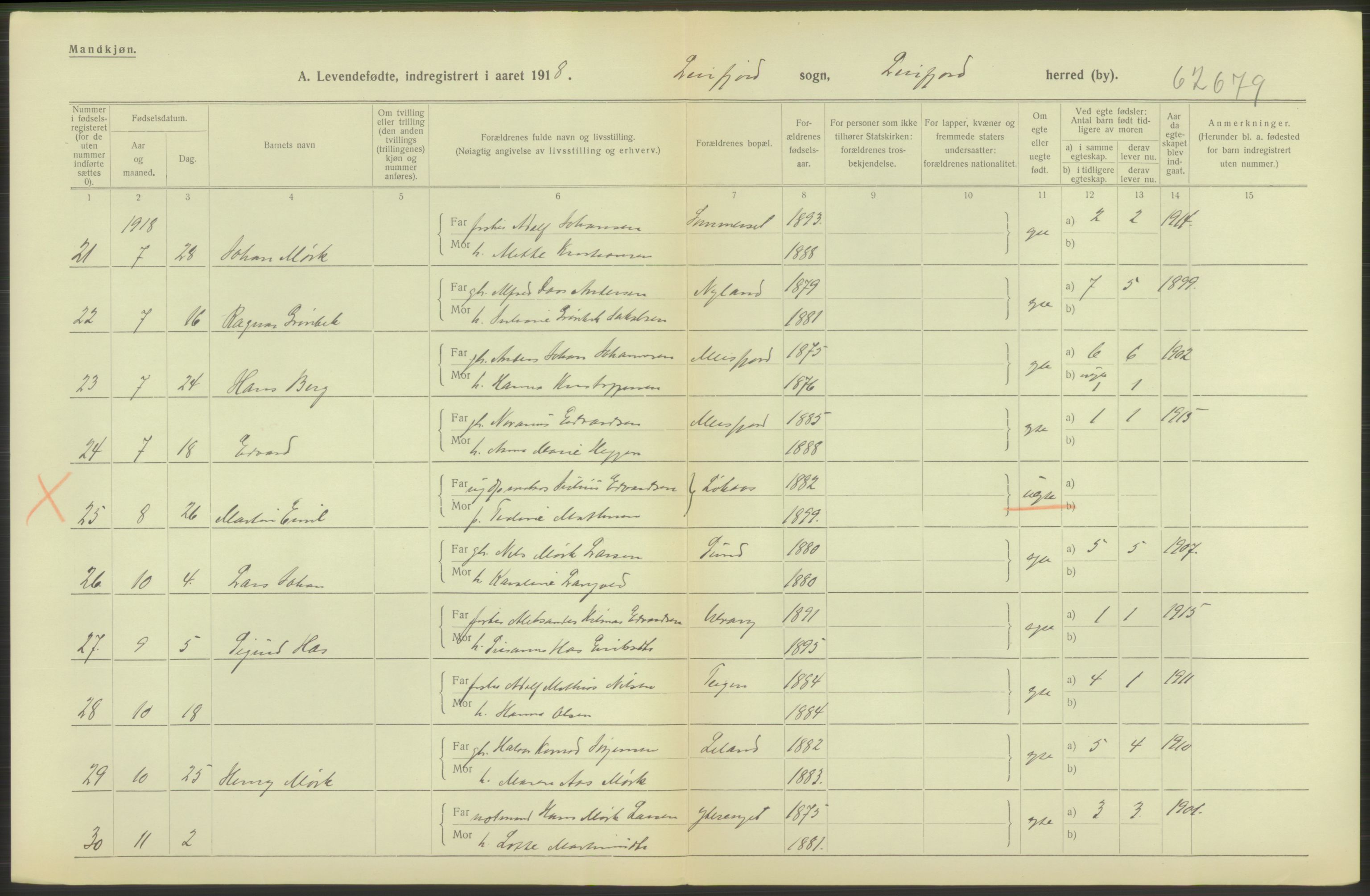 Statistisk sentralbyrå, Sosiodemografiske emner, Befolkning, AV/RA-S-2228/D/Df/Dfb/Dfbh/L0052: Nordland fylke: Levendefødte menn og kvinner. Bygder., 1918, s. 86