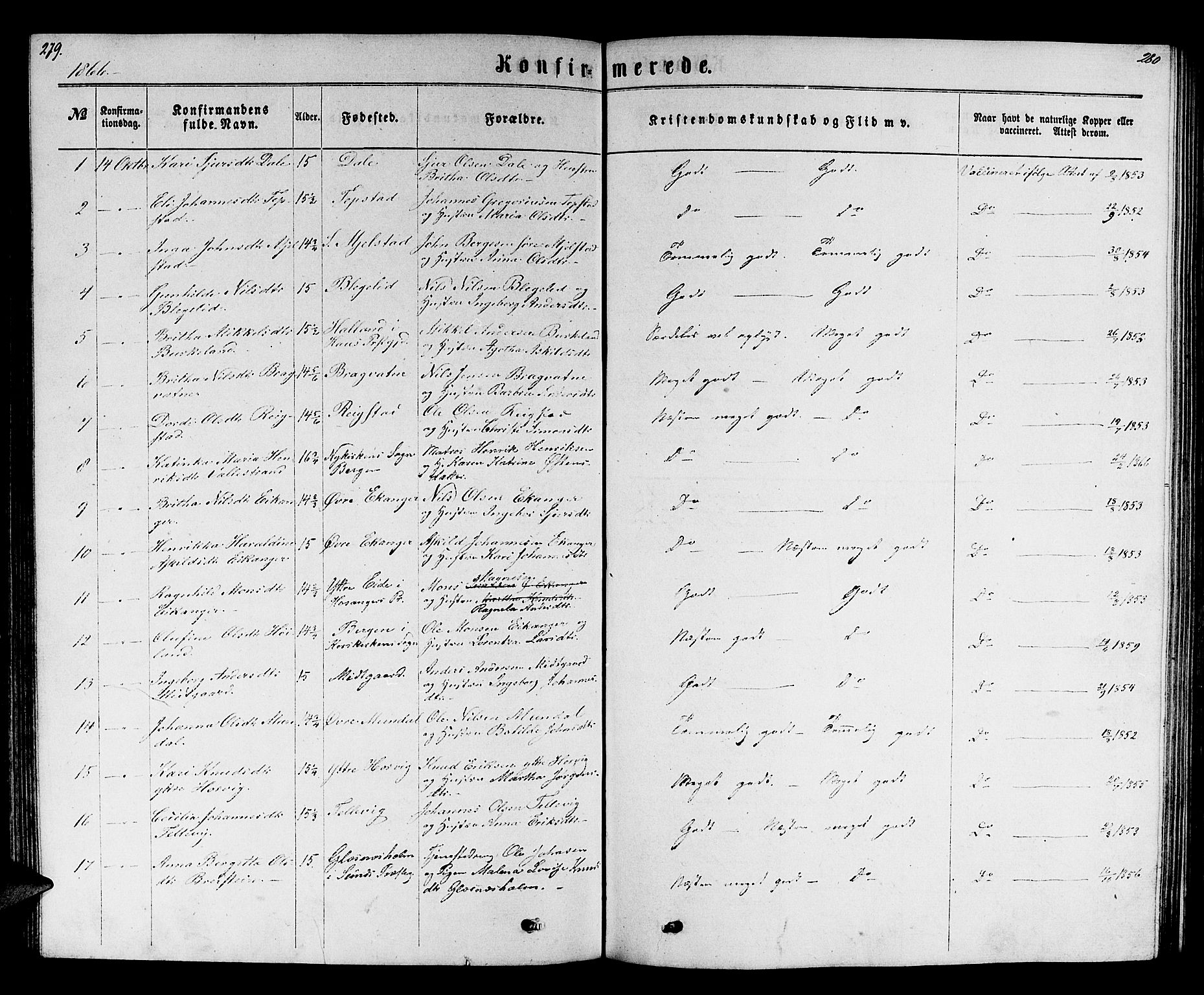 Hamre sokneprestembete, AV/SAB-A-75501/H/Ha/Hab: Klokkerbok nr. B 2, 1863-1880, s. 279-280