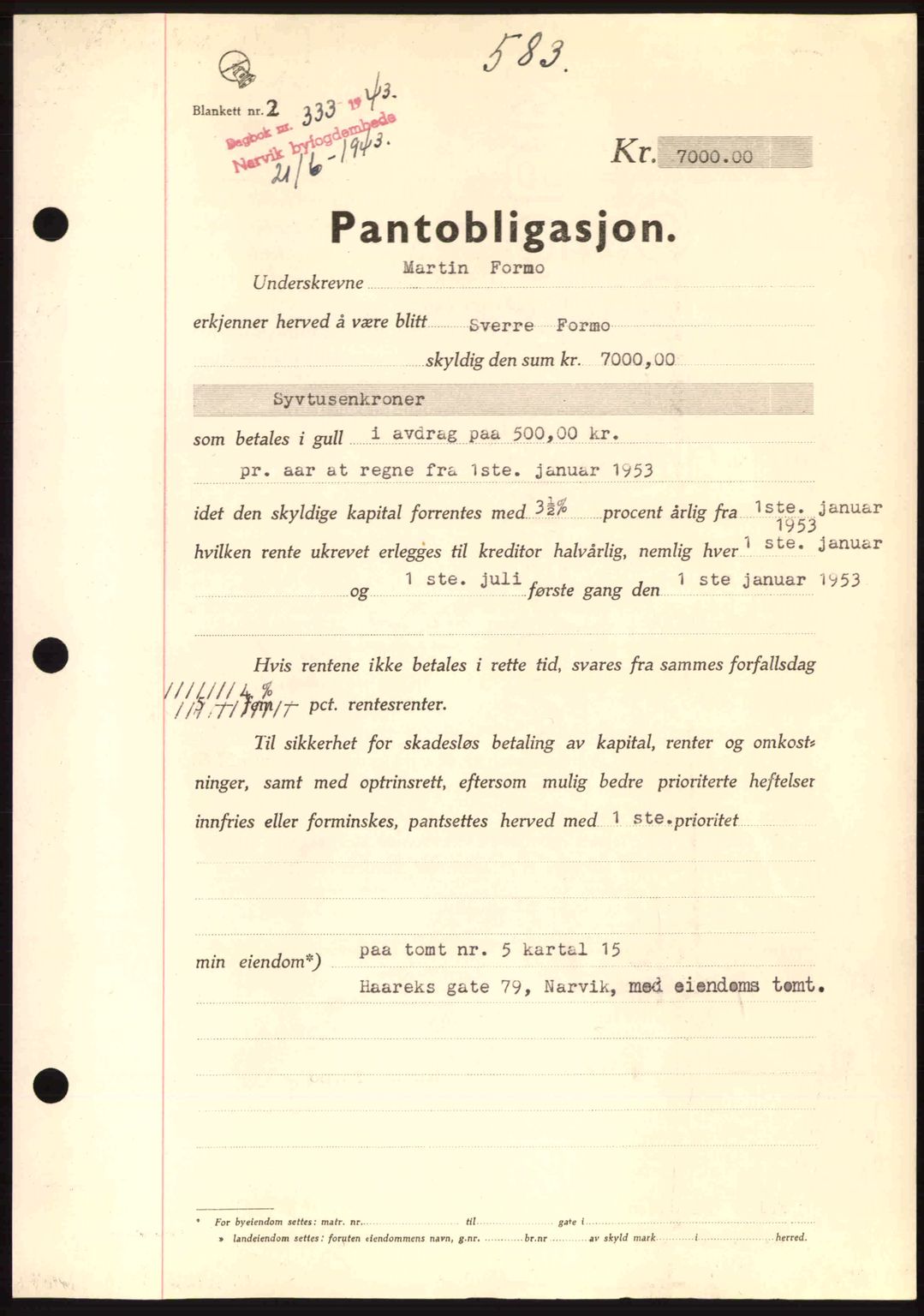 Narvik sorenskriveri, SAT/A-0002/1/2/2C/2Ca: Pantebok nr. A19, 1942-1943, Dagboknr: 333/1943