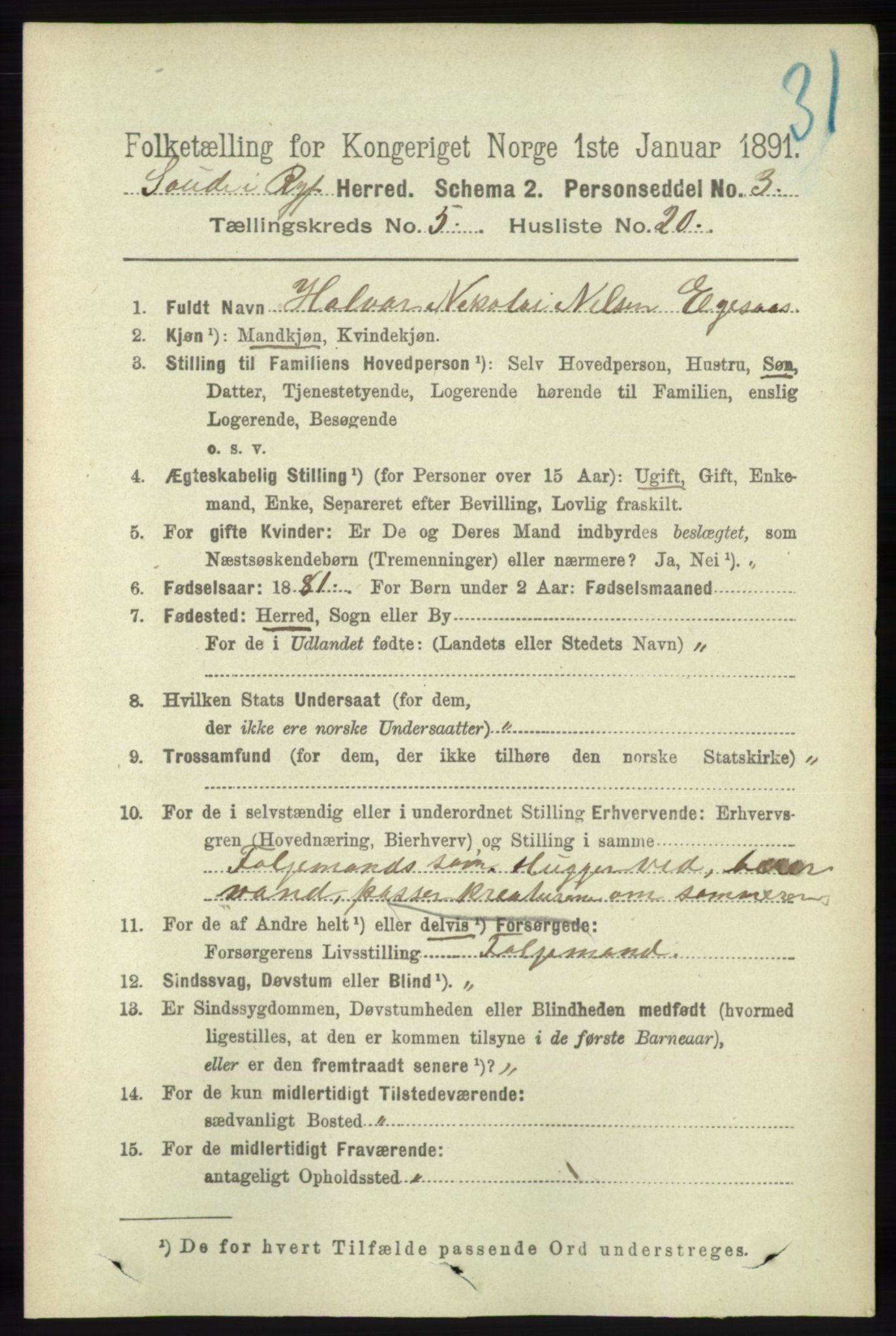 RA, Folketelling 1891 for 1135 Sauda herred, 1891, s. 2300