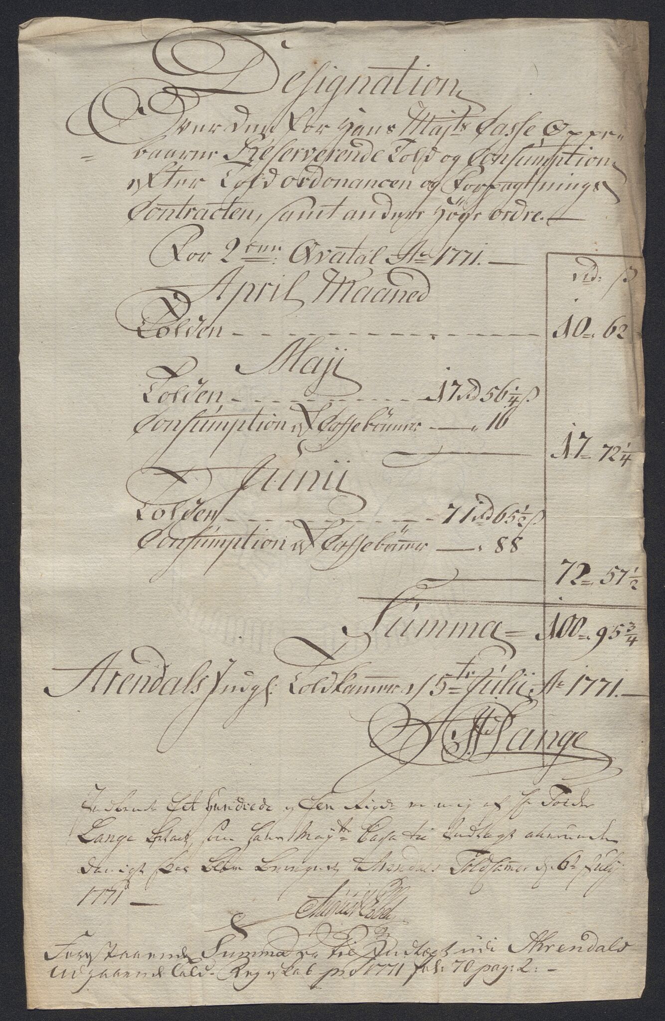 Generaltollkammeret, tollregnskaper, AV/RA-EA-5490/R15/L0070/0003: Tollregnskaper Arendal / Designasjon over inngående tollregnskap, 1771, s. 1