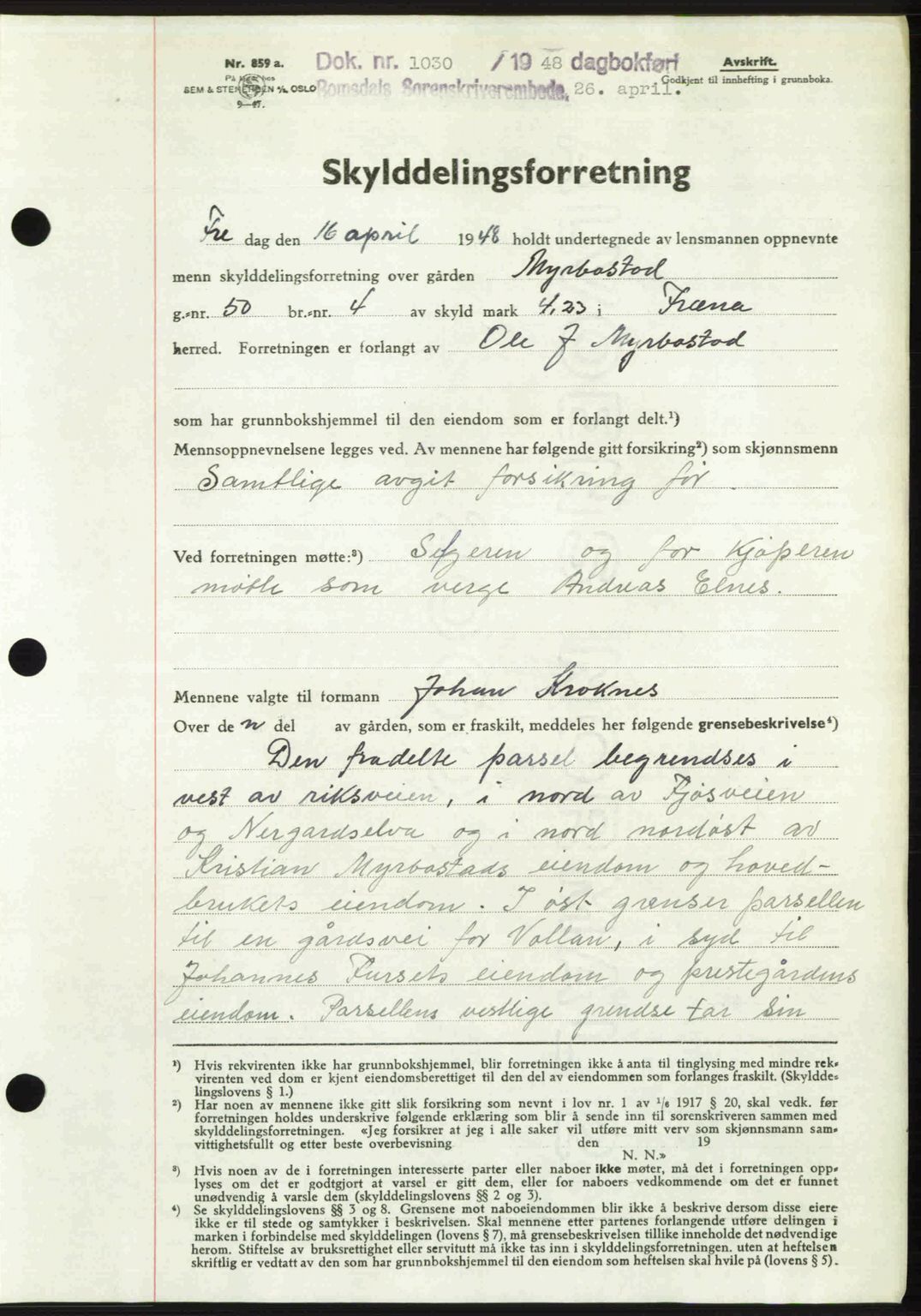 Romsdal sorenskriveri, SAT/A-4149/1/2/2C: Pantebok nr. A26, 1948-1948, Dagboknr: 1030/1948
