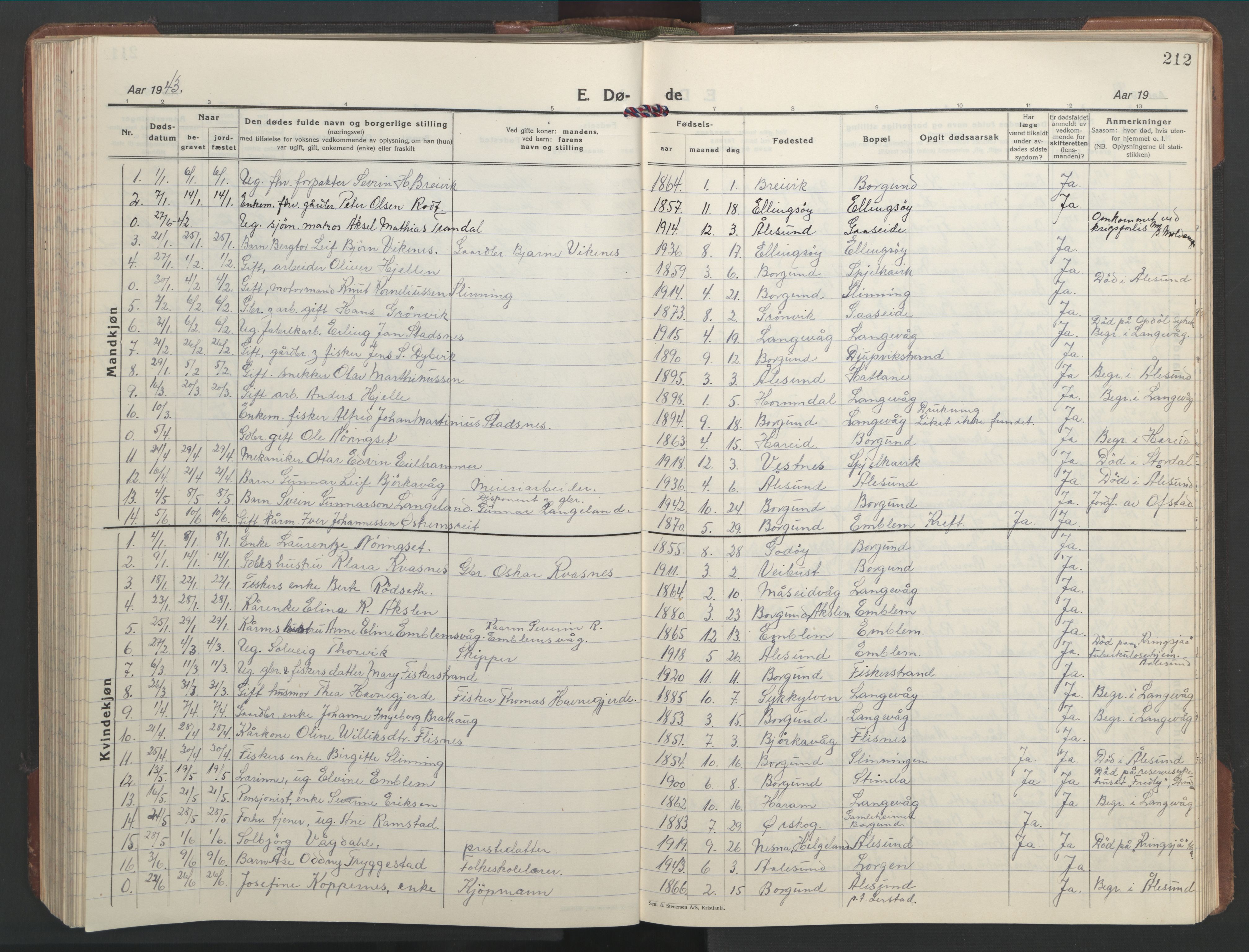 Ministerialprotokoller, klokkerbøker og fødselsregistre - Møre og Romsdal, AV/SAT-A-1454/528/L0435: Klokkerbok nr. 528C16, 1923-1957, s. 212