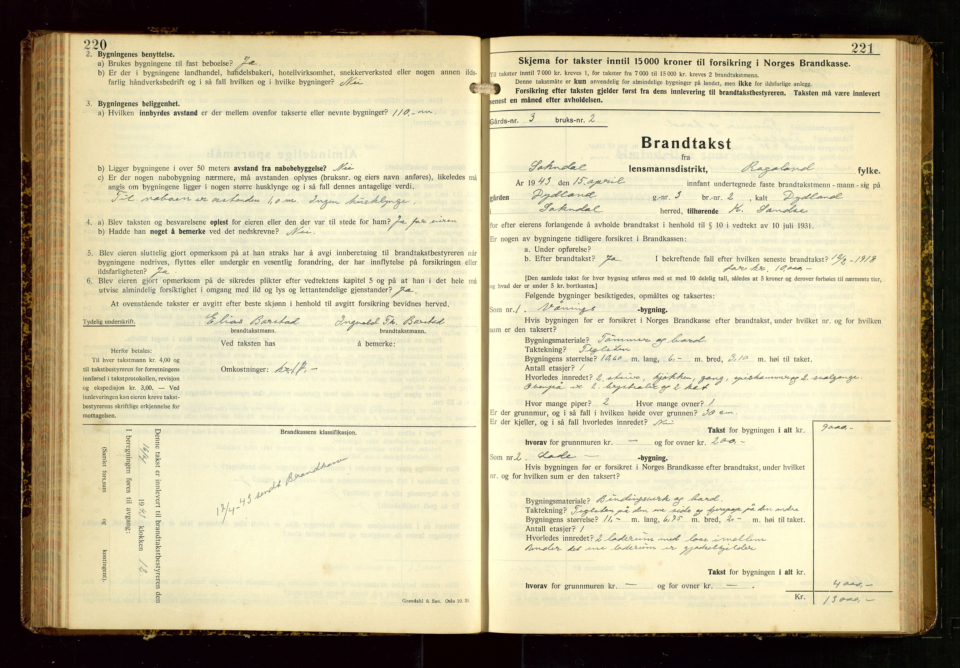 Sokndal lensmannskontor, AV/SAST-A-100417/Gob/L0008: "Brandtakst-Protokoll", 1937-1955, s. 220-221