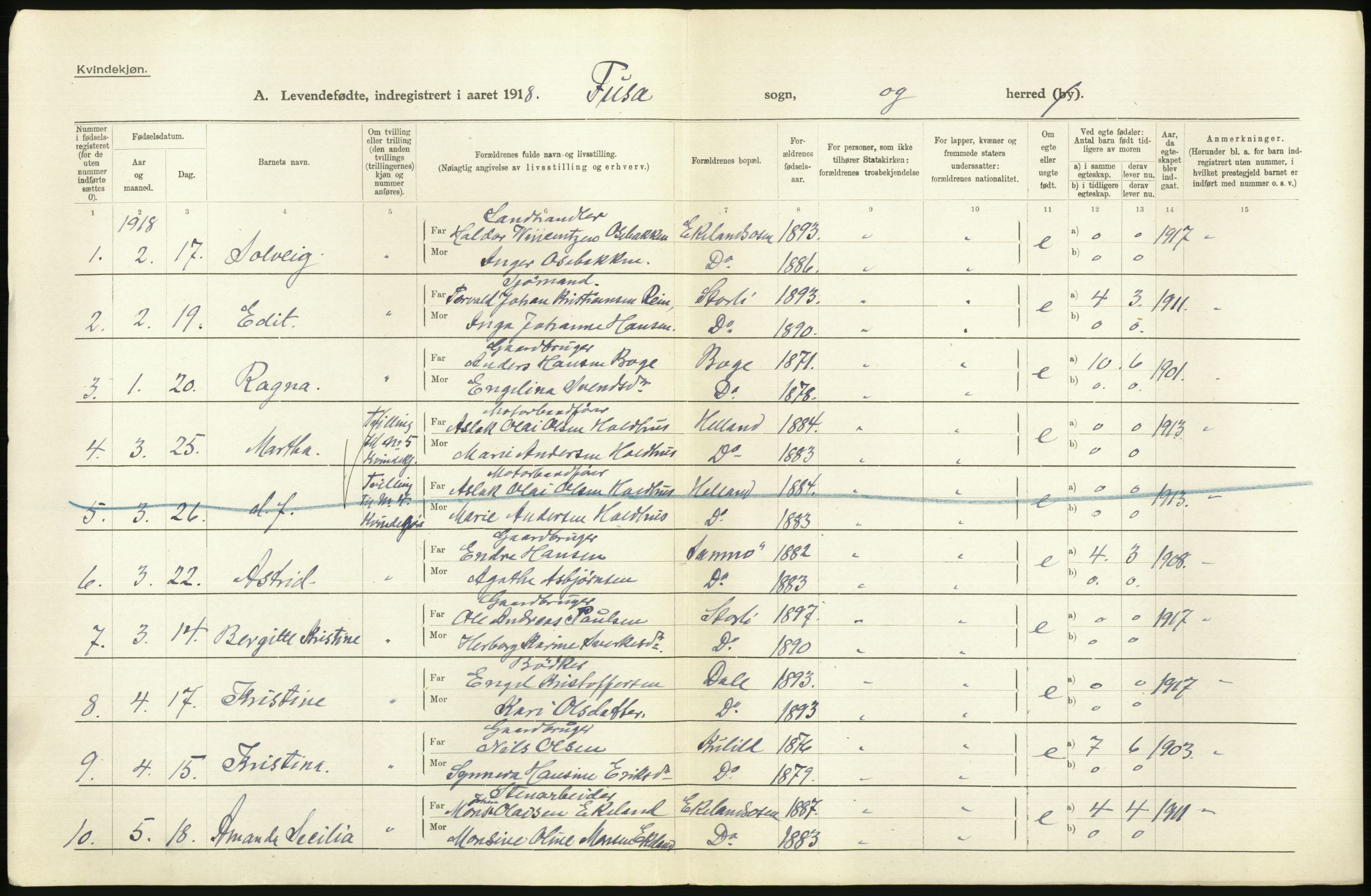 Statistisk sentralbyrå, Sosiodemografiske emner, Befolkning, RA/S-2228/D/Df/Dfb/Dfbh/L0034: Hordaland fylke: Levendefødte menn og kvinner. Bygder., 1918, s. 550