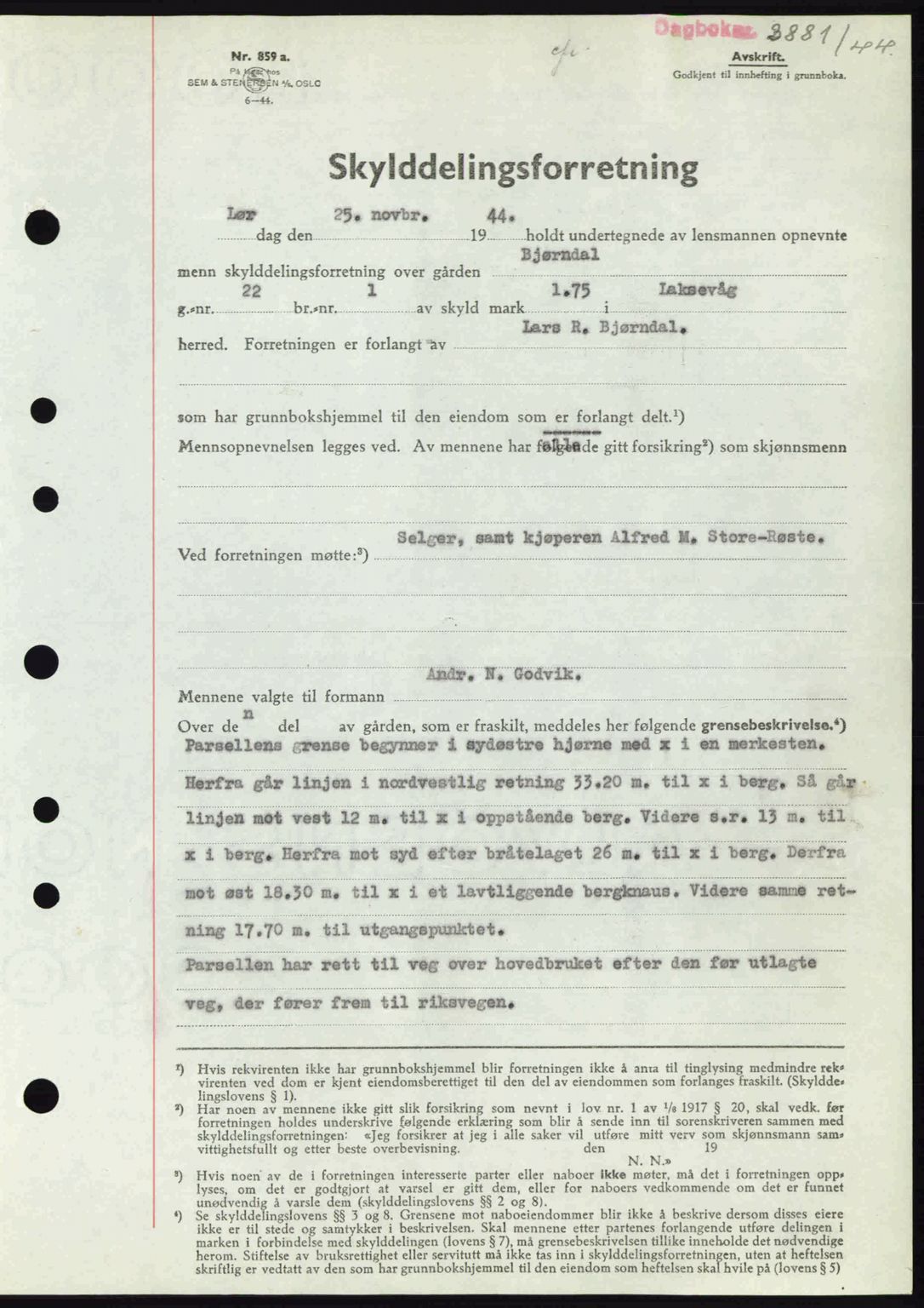 Midhordland sorenskriveri, SAB/A-3001/1/G/Gb/Gbk/L0008: Pantebok nr. A36-41, 1944-1945, Dagboknr: 3881/1944